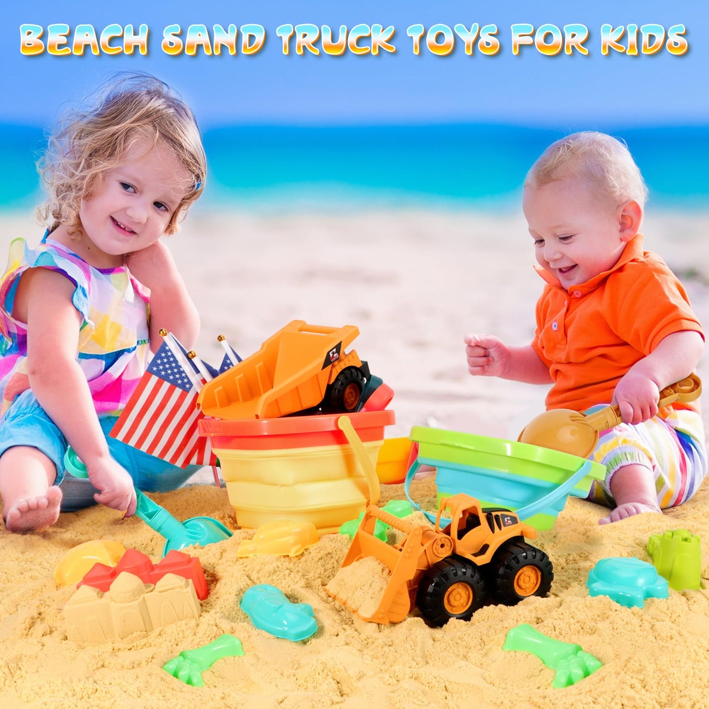 HUITEM Beach Sand Toys for Kids, 29PCS Sandbox Toys with 2 Collapsible Bucket Sand, 2 Dump Truck, Dinosaur Molds, Castle Building Kit, Shovel Sieve,Flags,Mesh Bag Travel Beach Toys for Toddler 3-10