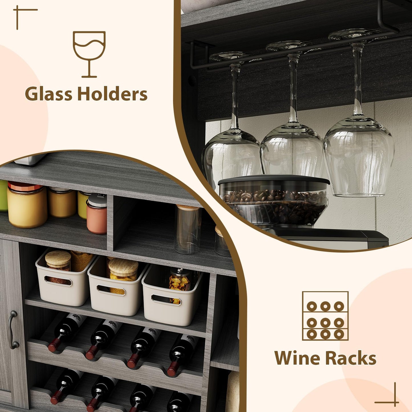 47 in Farmhouse Buffet Sideboard Cabinet with Power Outlets Coffee Bar Cabinet with Storage, Large Buffet Storage Cabinet Table with Wine Racks, Goblet Holder, Hooks for Kitchen, Dining Room, Grey