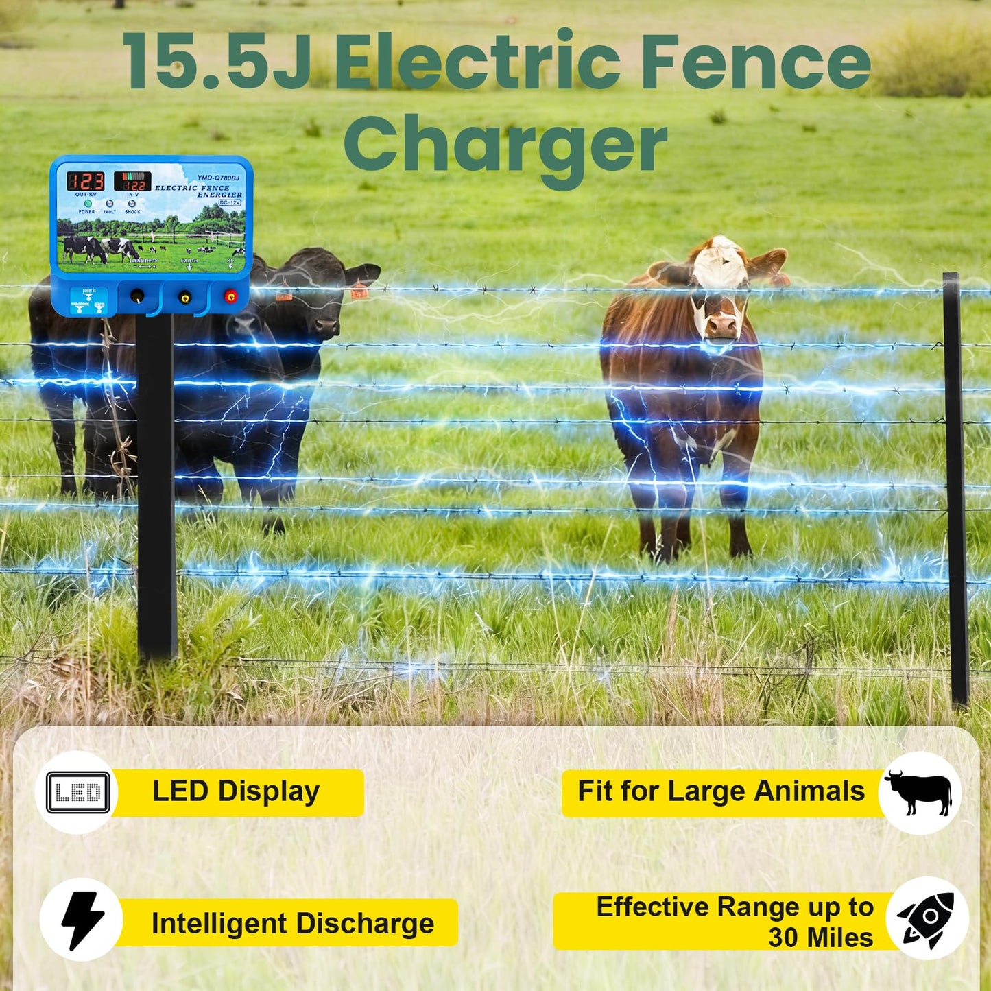 15.5J Electric Fence Charger, 15.5 Joules 600 Acres, AC DC 2 in 1 Powered Supply, Input 12V Output 12KV, with Display Remote and Alarm, Keep Out Predators, Contain Cattle Cow and Livestock