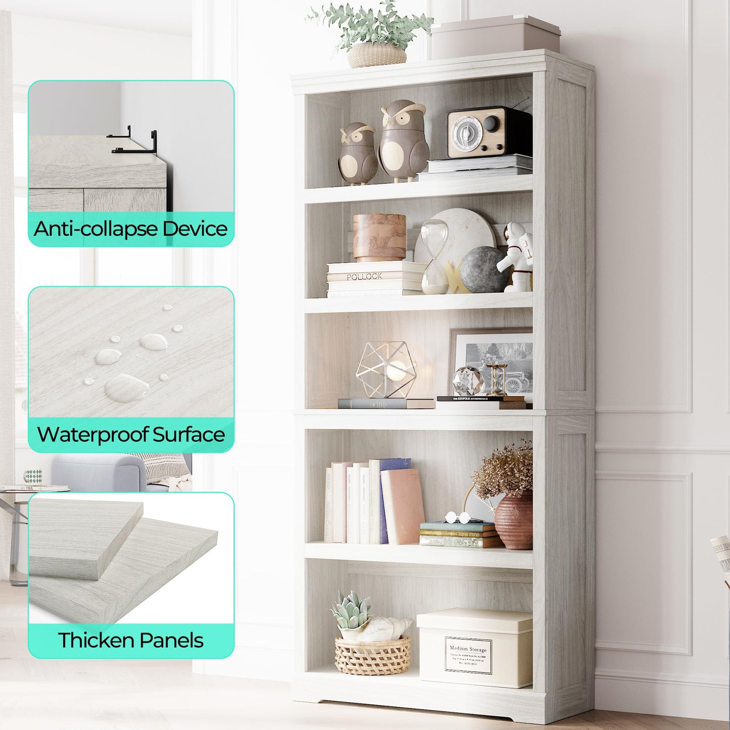 LINSY HOME 5-Shelf Bookcase, Bookshelves Floor Standing Display Storage Shelves 68 in Tall Bookcase Home Decor Furniture for Home Office, Living Room, Bed Room - White Oak