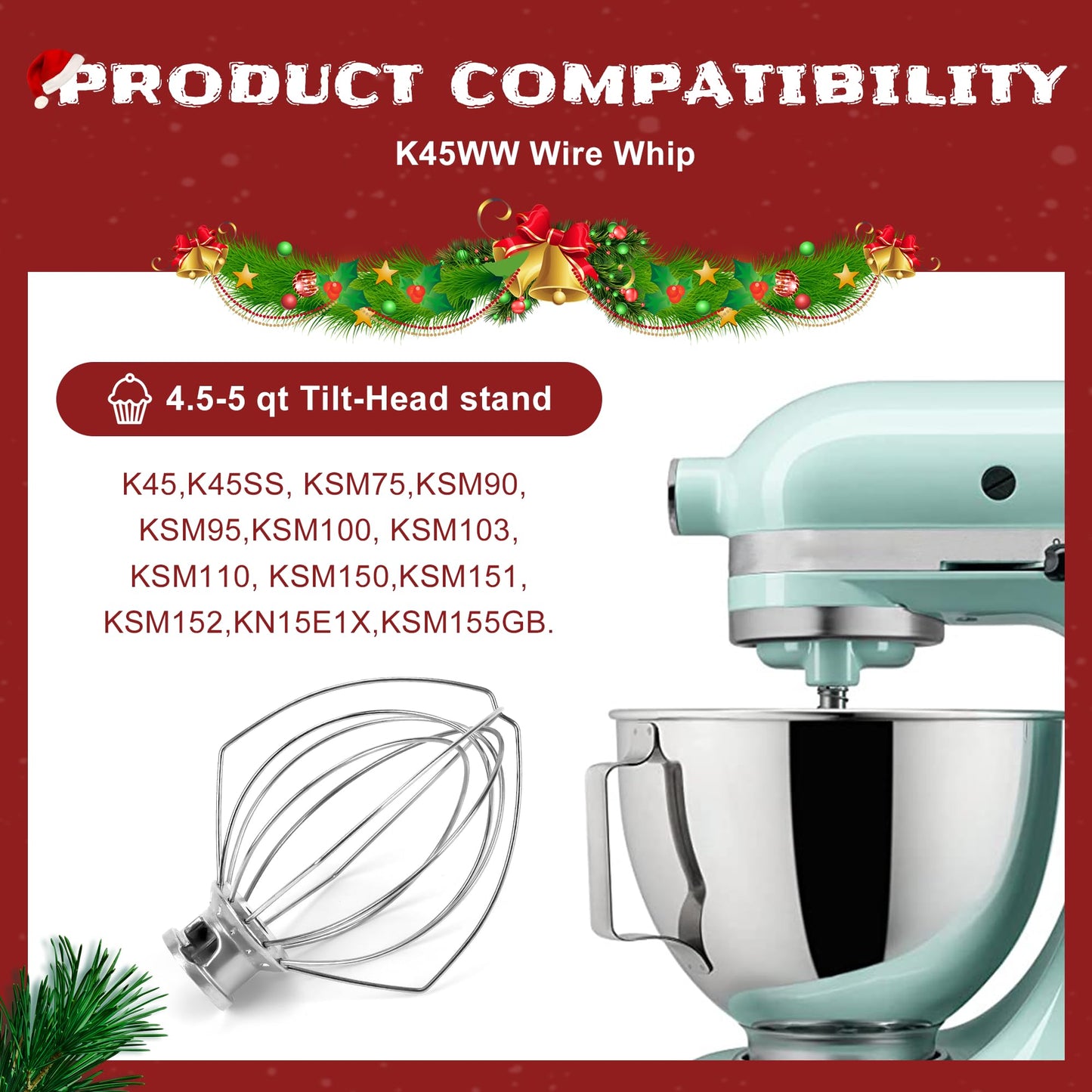 K45WW Wire Whip Attachment for Tilt-Head Stand Mixer 6-Wire Fits For k-i-t-c-h-e-n-a-i-d 4.5-5QT Title-Head Stand Mixer K45 KSM90,Stainless Steel,Egg Cream Stirrer,Cakes Mayonnaise Whisk by Sikawai