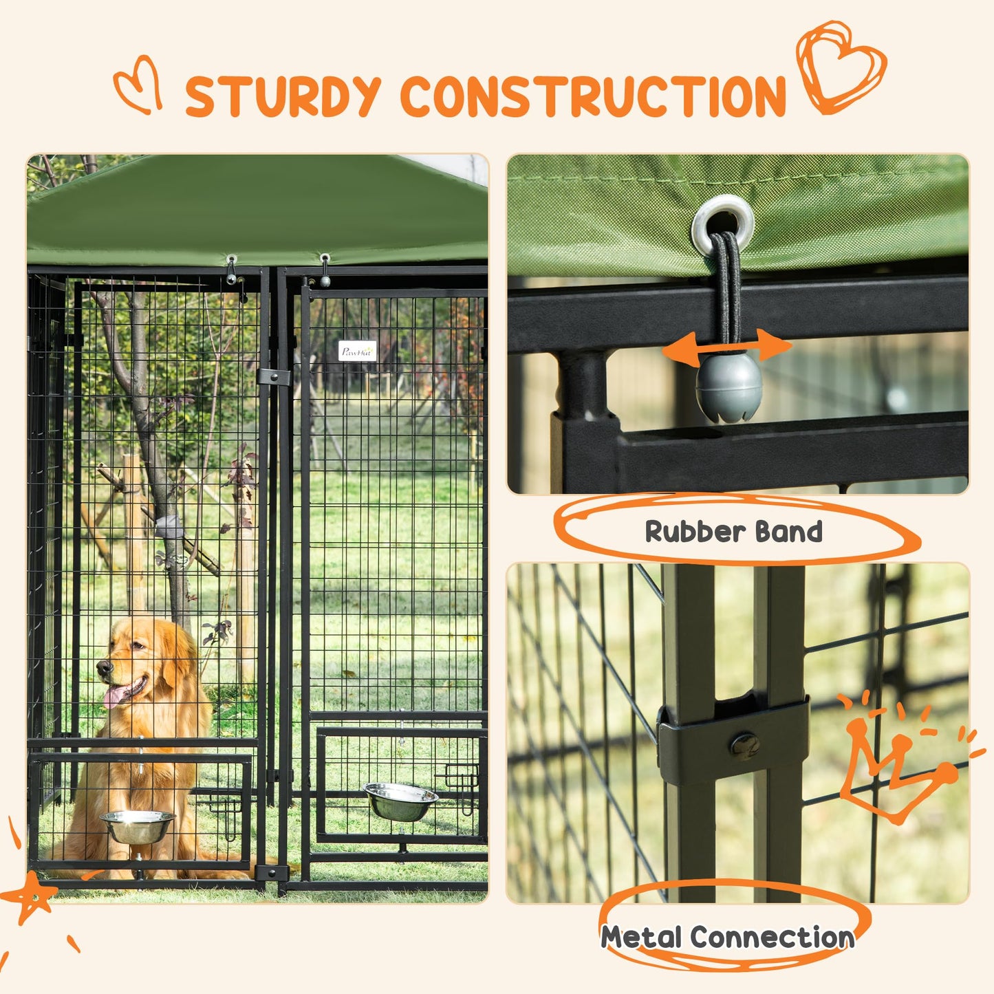 PawHut 8' x 4' x 6' Dog Kennel Outside, Welded Wire Outdoor Dog Kennel Run with 360° Rotating Bowls, Waterproof & UV Resistant Cover, for S&M&L Breeds, Chickens, Ducks, Green