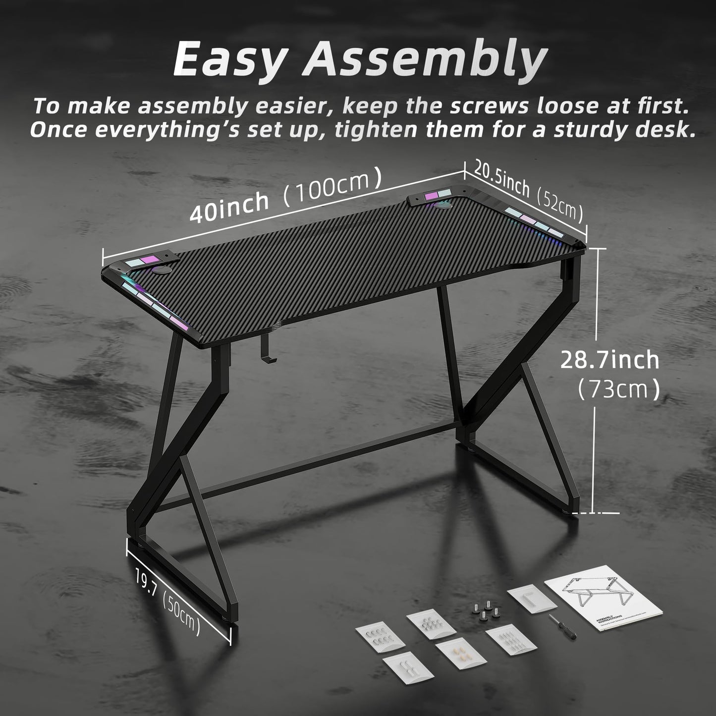 TIQLAB Gaming Desk with LED Lights, 40 Inch Computer Desk Z Shaped Gamer Workstation, Gaming Table with Carbon Fiber Surface, PC Gamer Desk, Black