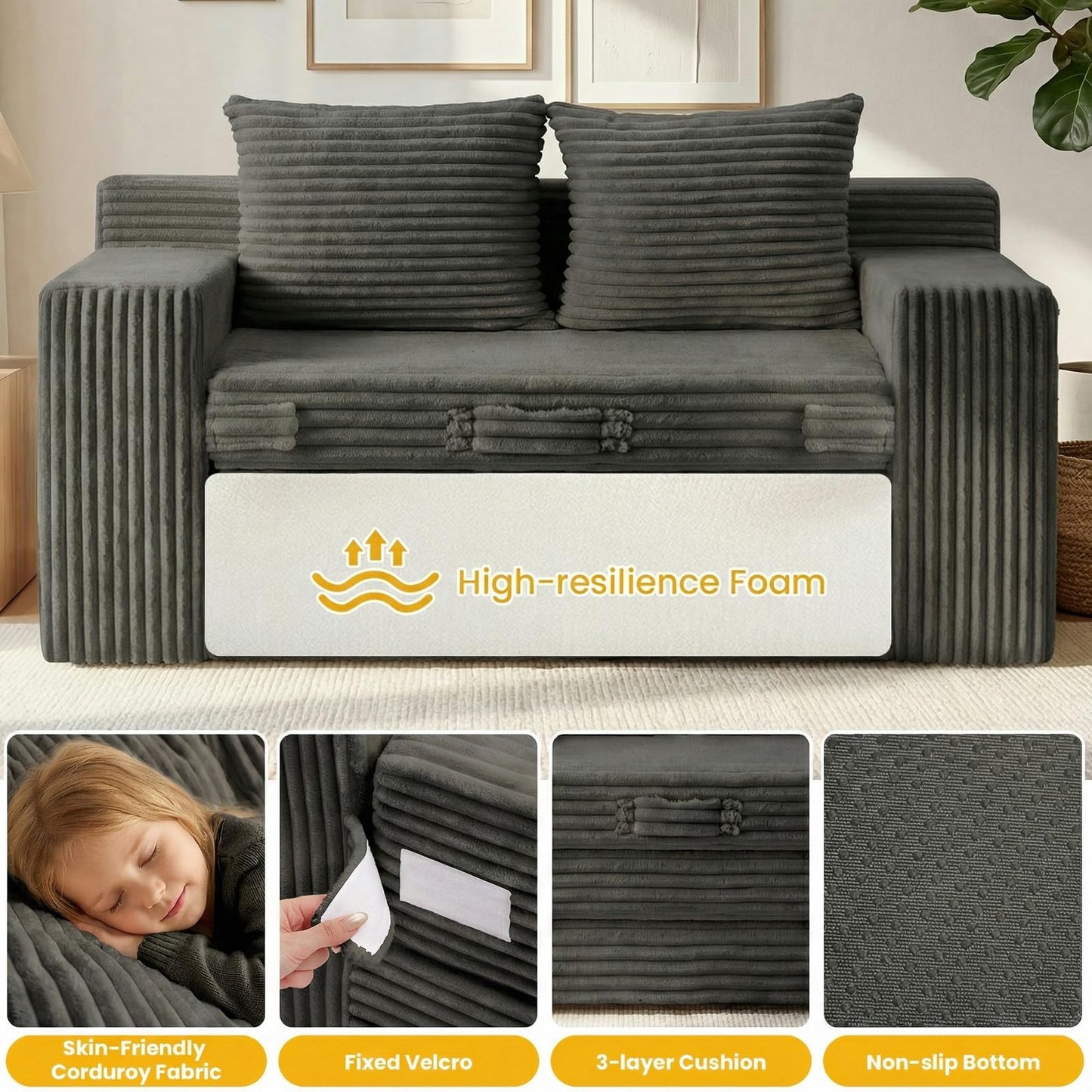 Boneless Loveseat Sleeper Sofa Bed: 3-in-1 Convertible Sofa Bed with Side Pockets & Handle,Pull Out Couch with 2 Pillows,Folding Futon for Small Space,Living Room & Bedroom,Corduroy Fabric,No Assembly