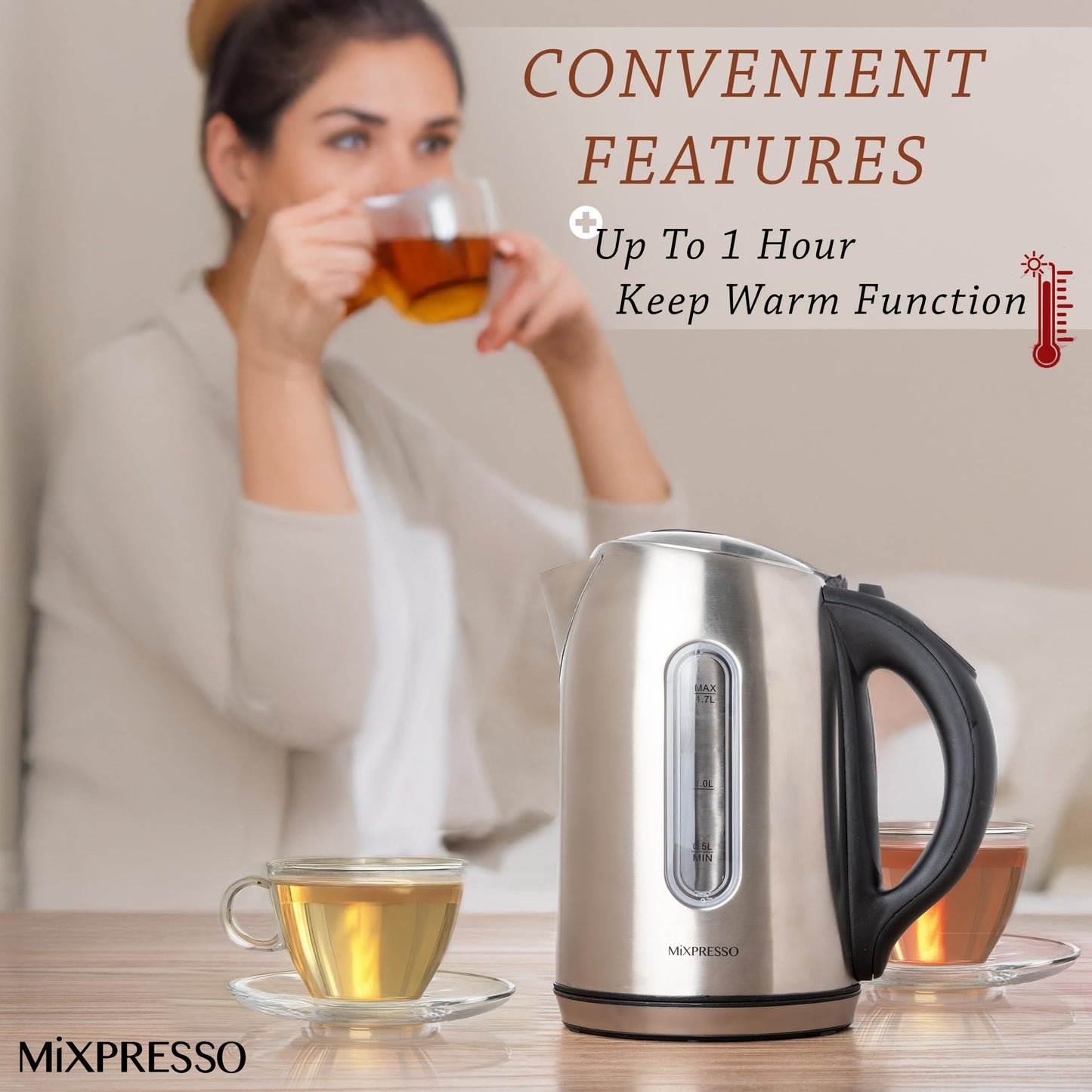 Mixpresso Stainless Steel Electric Kettle, Cordless 1.7L Electric Kettle Temperature Control,1500W Electric Tea Kettle with Viewing Window 2 Hr Keep Warm, Water Boiler with Auto-Off, Boil-Dry System