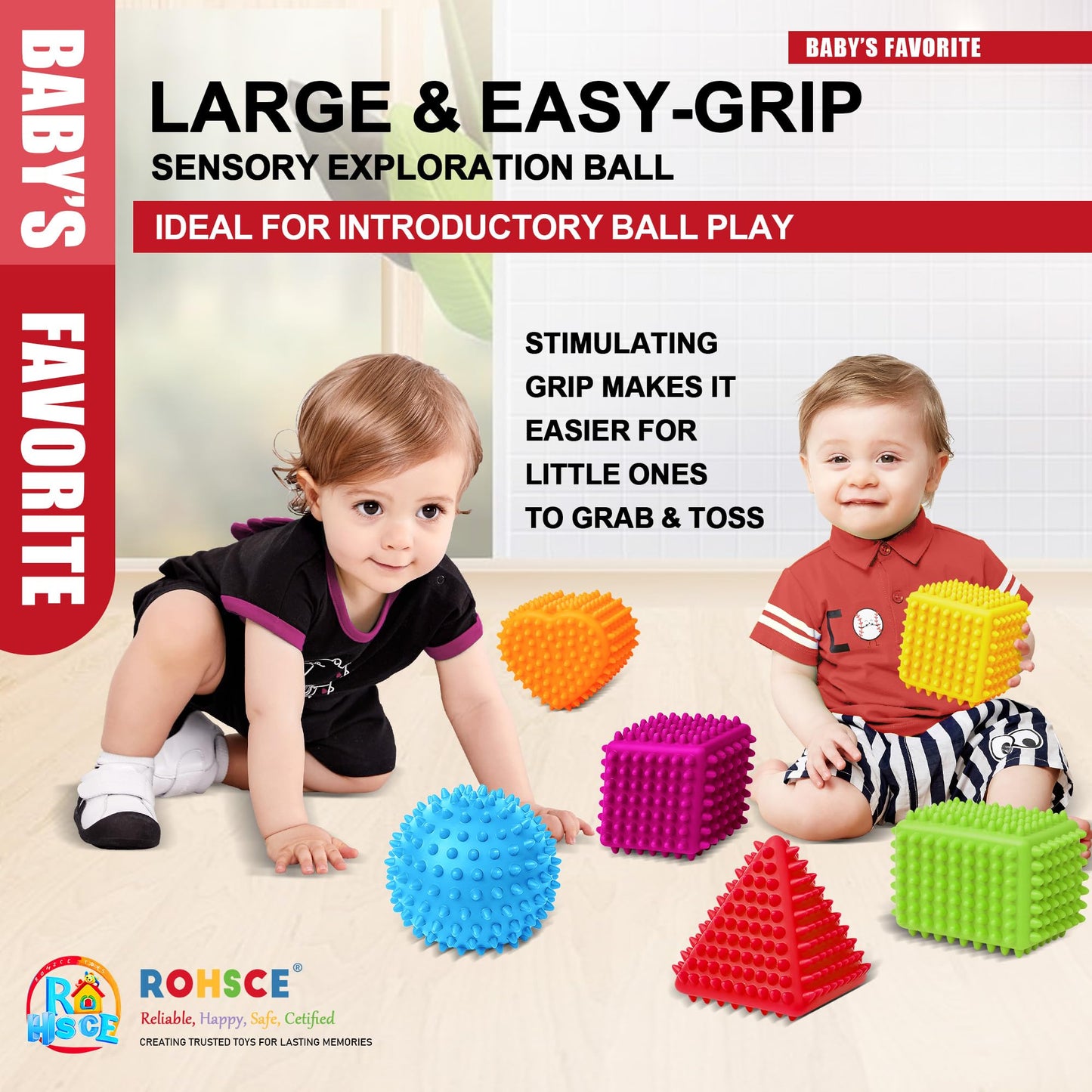 ROHSCE Sensory Balls Baby Teething Toys 6-12 Months, Soft Spiky Textured Multi Ball Set for Boys & Girls 1-3, BPA Free Montessori Tactile Development, 3 Pcs