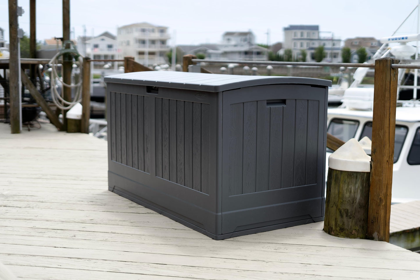 Suncast Extra Large 200 Gallon Deck Box - Resin Outdoor Storage Box for Patio Cushions, Outside Toys, Garden Tools & Pool Supplies, Weatherproof Lockable Outdoor Storage Bin, Peppercorn