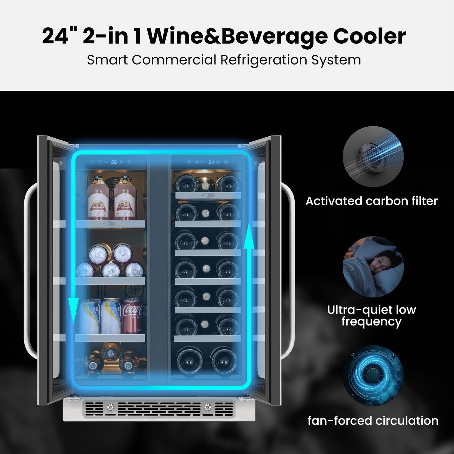 Whynter 24 Inch Dual Zone Wine and Beverage Refrigerator, 20 Bottle 60 Can Wine Fridge with Glass Door, 36-72°F Built-in Freestanding Under Counter Wine Cooler with 3 LED Light(4.1 cu.ft)