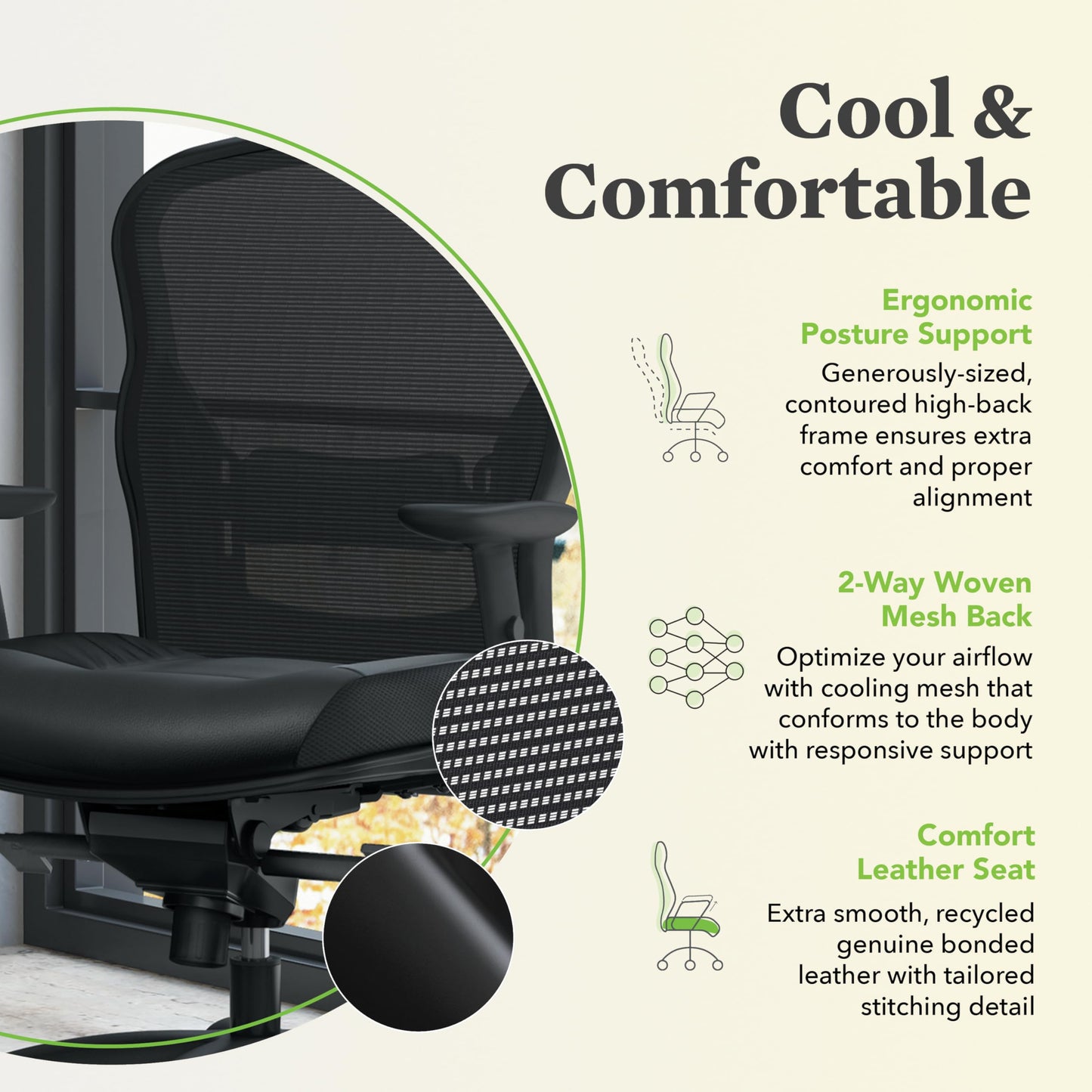HON Wave High Back Leather Ergonomic Office Chair Lumbar Support with Adjustable Arms, Breathable Mesh Ergonomic Desk Seat for Computers, Office, 360° Swivel Synchro-Tilt, Black