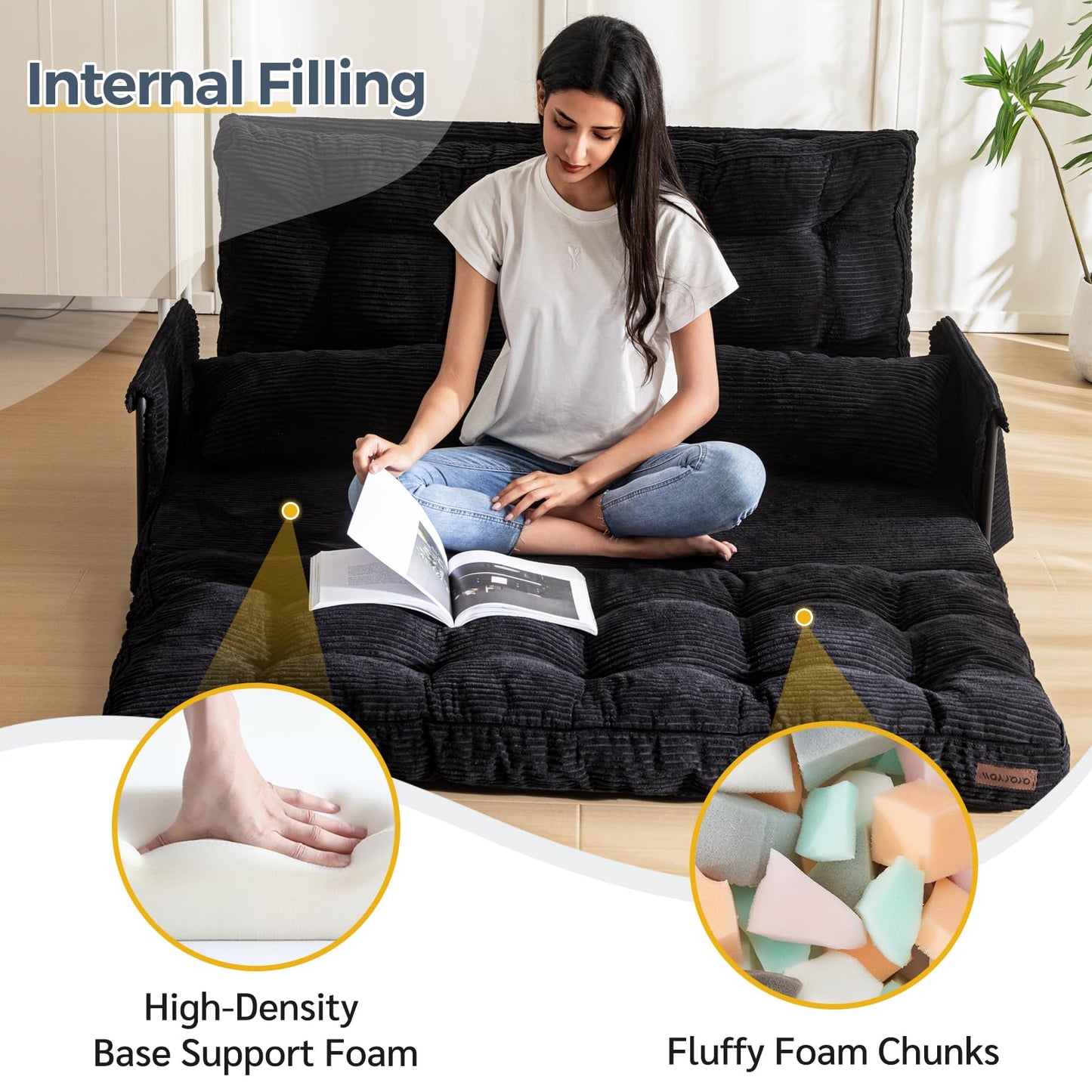 MAXYOYO Adjustable Floor Sofa Couch with 2 Pillows, Multi-Functional Bean Bag Bed, 5-Position Foldable Lazy Sofa Sleeper Bed with Armrest, Versatile Floor Seating for Reading, Black, Double