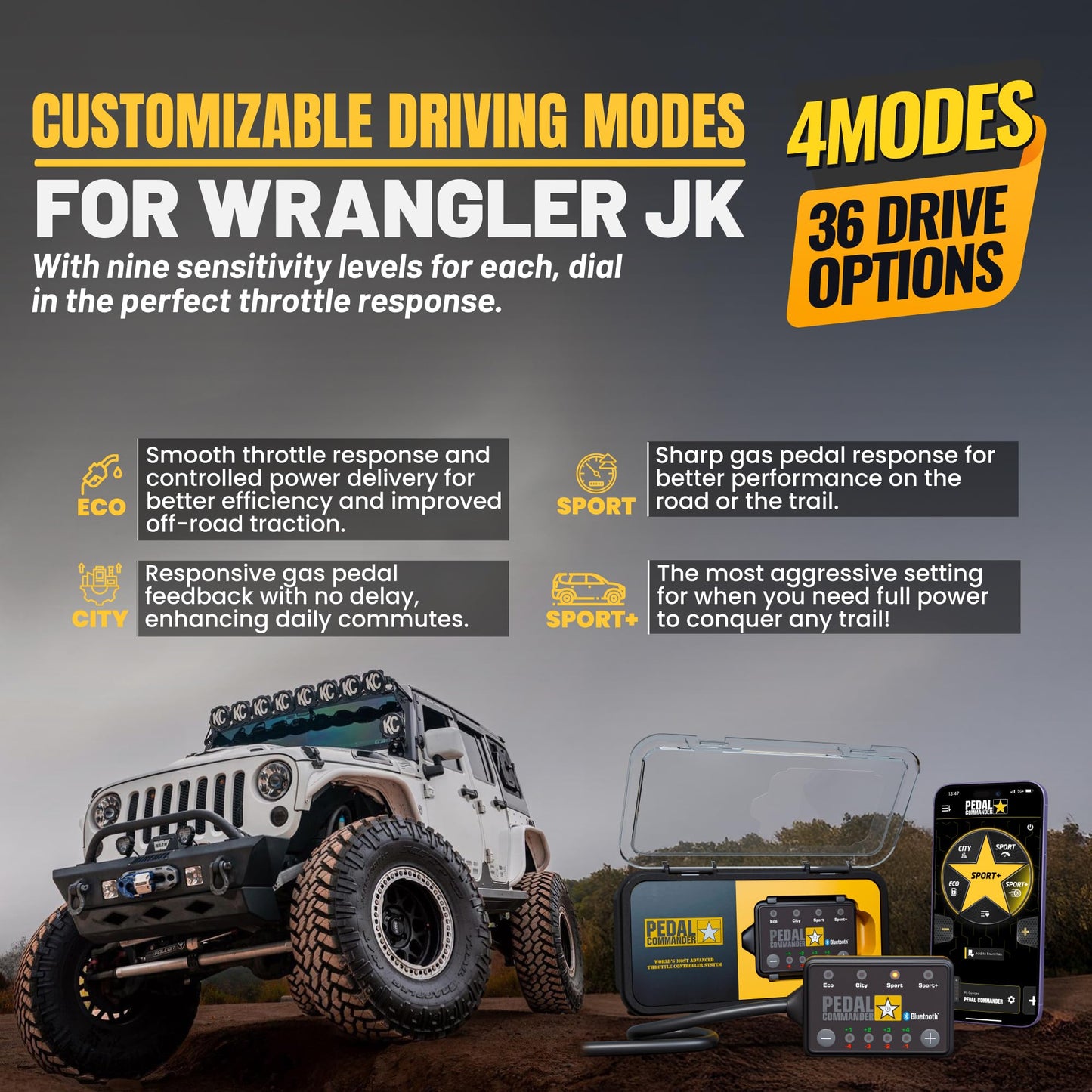 PEDAL COMMANDER for Jeep Wrangler JK 2007-2018 Throttle Response Controller - Plug-and-Play Upgrade, App Control, Throttle Controller Off-Road Performance Mods Jeep Wrangler Accessories