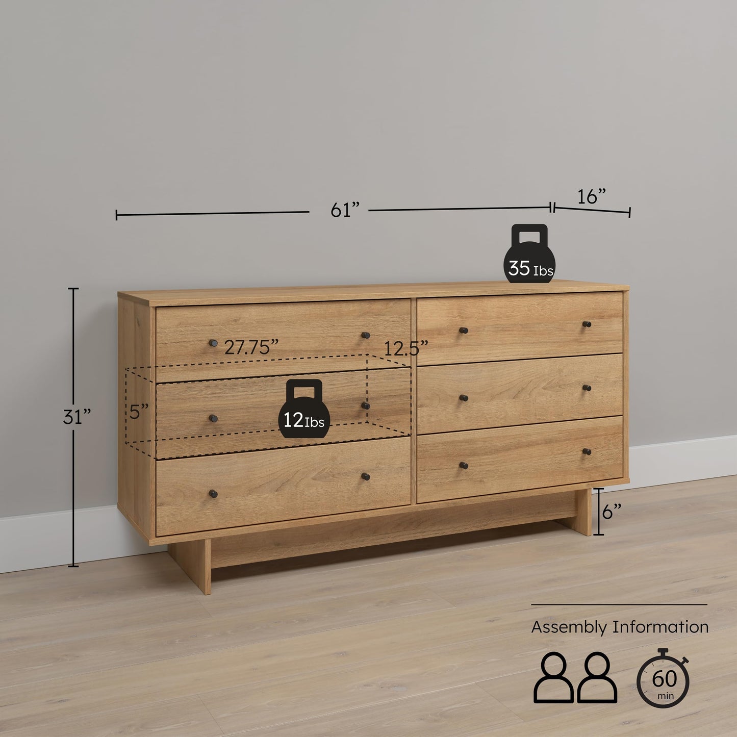 Prepac Finnley 6-Drawer Dresser in Natural Oak, Dresser for Bedroom, Extra-Wide Chest of Drawers with Storage, Modern Clothing Organizer for Home, Bedroom, Living Room, 16" D x 61" W x 31" H