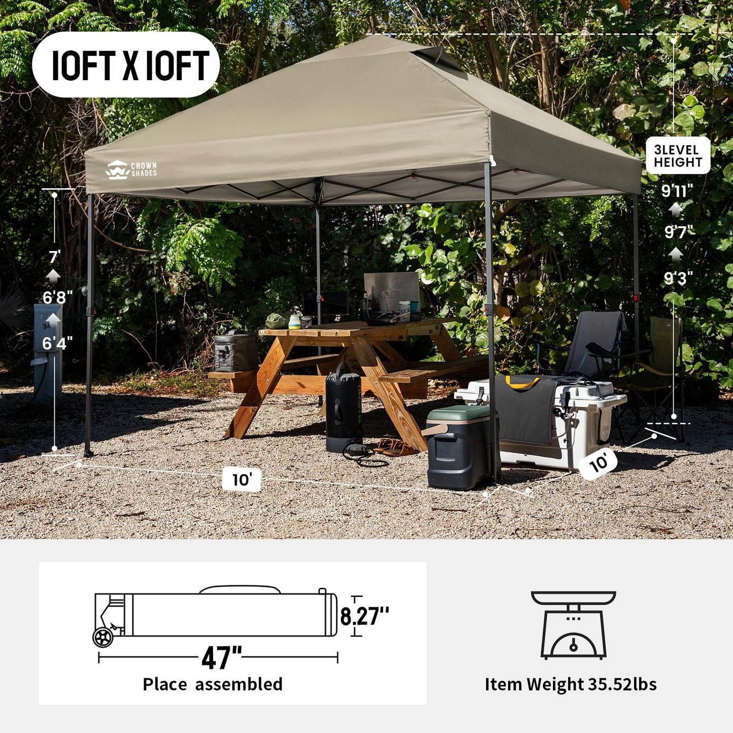 CROWN SHADES 10x10 Pop Up Canopy Tent - Patented Center Lock One Push Instant Outdoor Canopy Beach Tent with STO-N-Go Bag 8 Stakes & 4 Sand Bags，Khaki