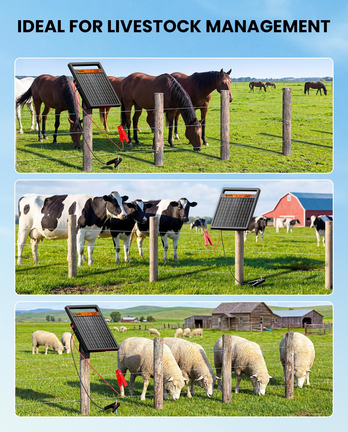 Solar Electric Fence Charger 1.2J Stored Energy, 45 Miles Coverage,8W Solar Fence Energizer with 10000mAh Battery,7–11kV Output, Smart Alarm, All-Weather Fence Charger for Cattle, Horses & Farms