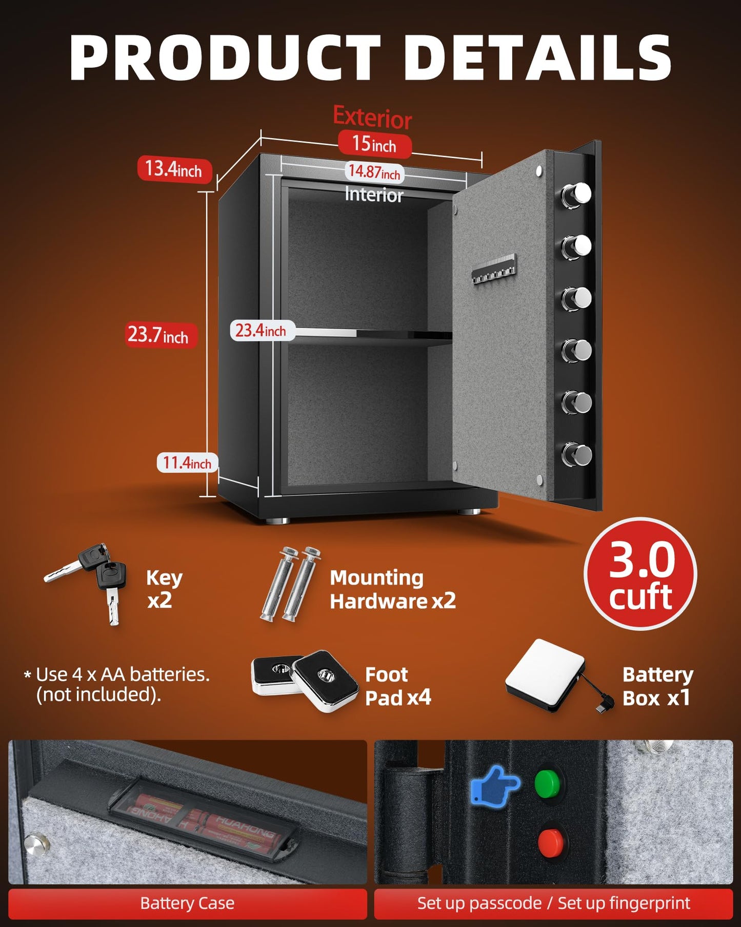 DAYI Fireproof Safe, 3.0 Cubic Feet Biometric Fingerprint Fire Proof Safes Box for Home Documents Money, Digital Touchpad Security Safe Dual Alarm System - DY-60FP