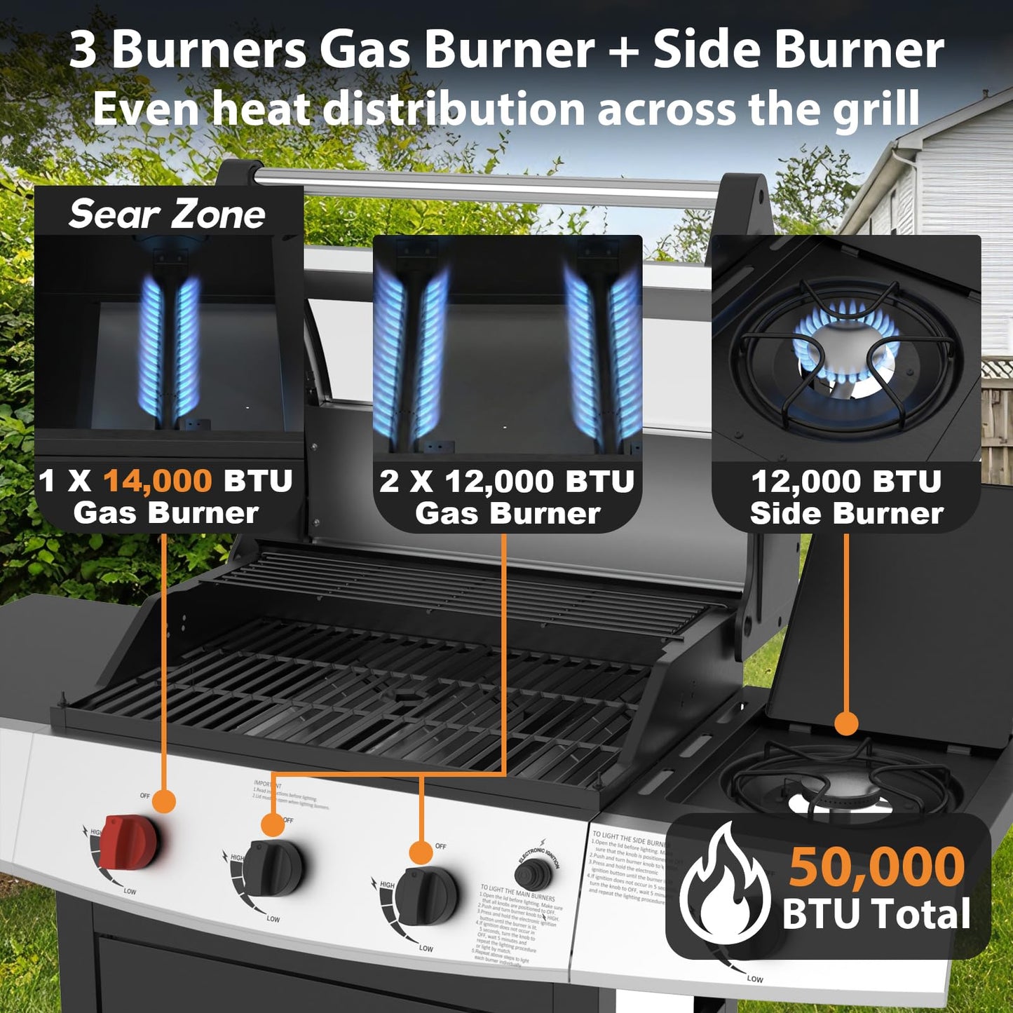 THERMORA 3 Burners Propane Gas Grill 50,000 BTU with Side Burner 553 Sq.in, Porcelain-Enameled Grates BBQ Grills, Stainless Steel Propane Grill for Outdoor Cooking Patio Garden Family Party Barbecues