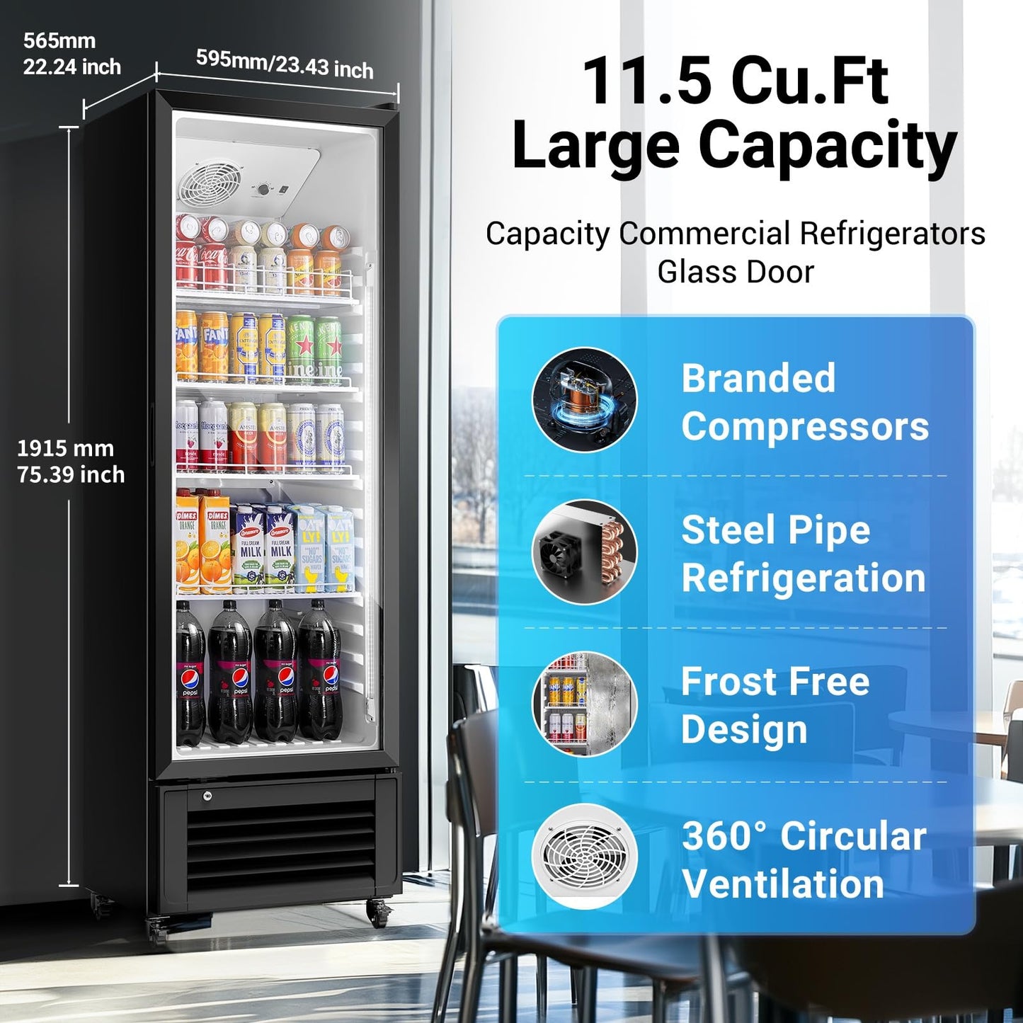 BODEGACOOLER Beverage Refrigerator, 326L/344 Qt Commercial Refrigerator For Kitchen, Home,Office and Garage, 312 Cans & 192 Bottles Display Refrigerator For Beer,Soda, Bar Cooler with Soft LED Light.