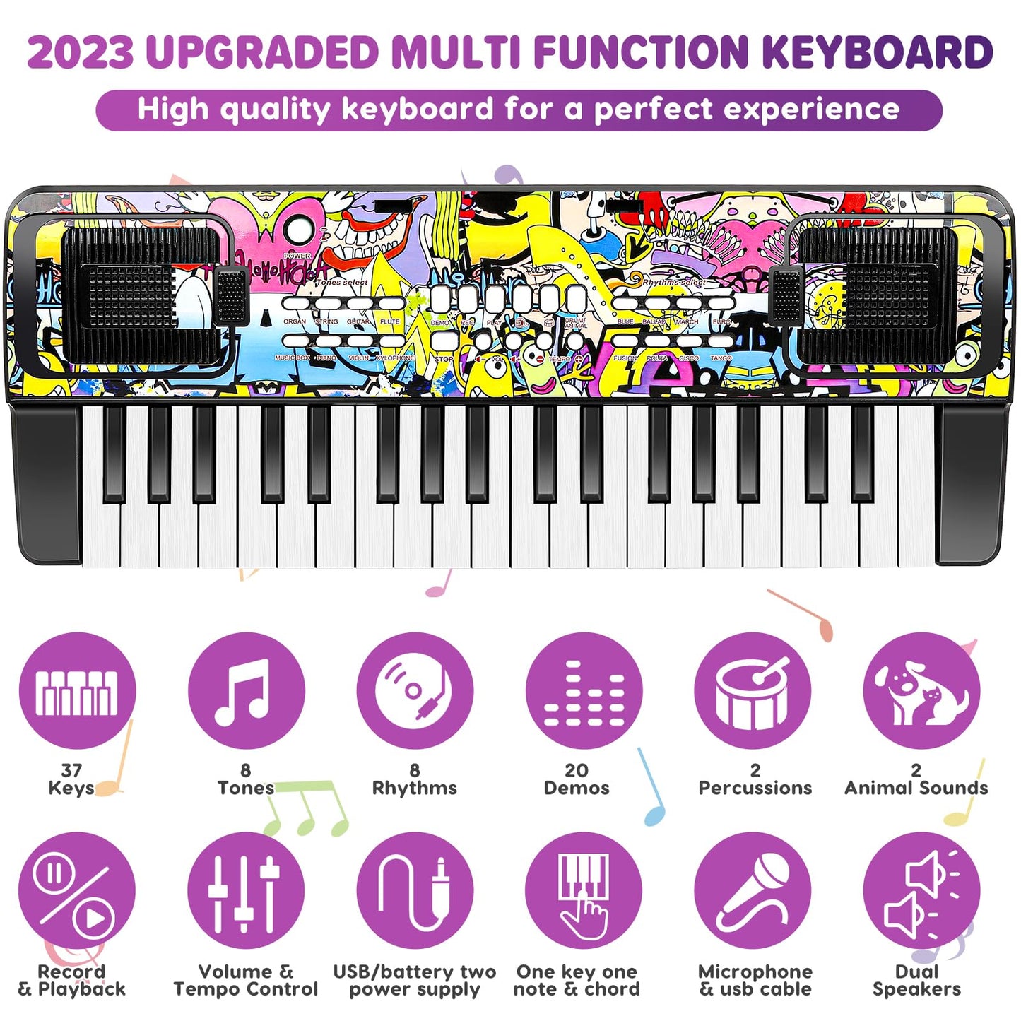 Kids Keyboard Piano, 37 Keys Keyboard Electric Digital Piano, Early Learning Educational Musical Toys Piano for Kids Toddlers Beginners with Music Stand, Microphone - Christmas Birthday Gifts, Black