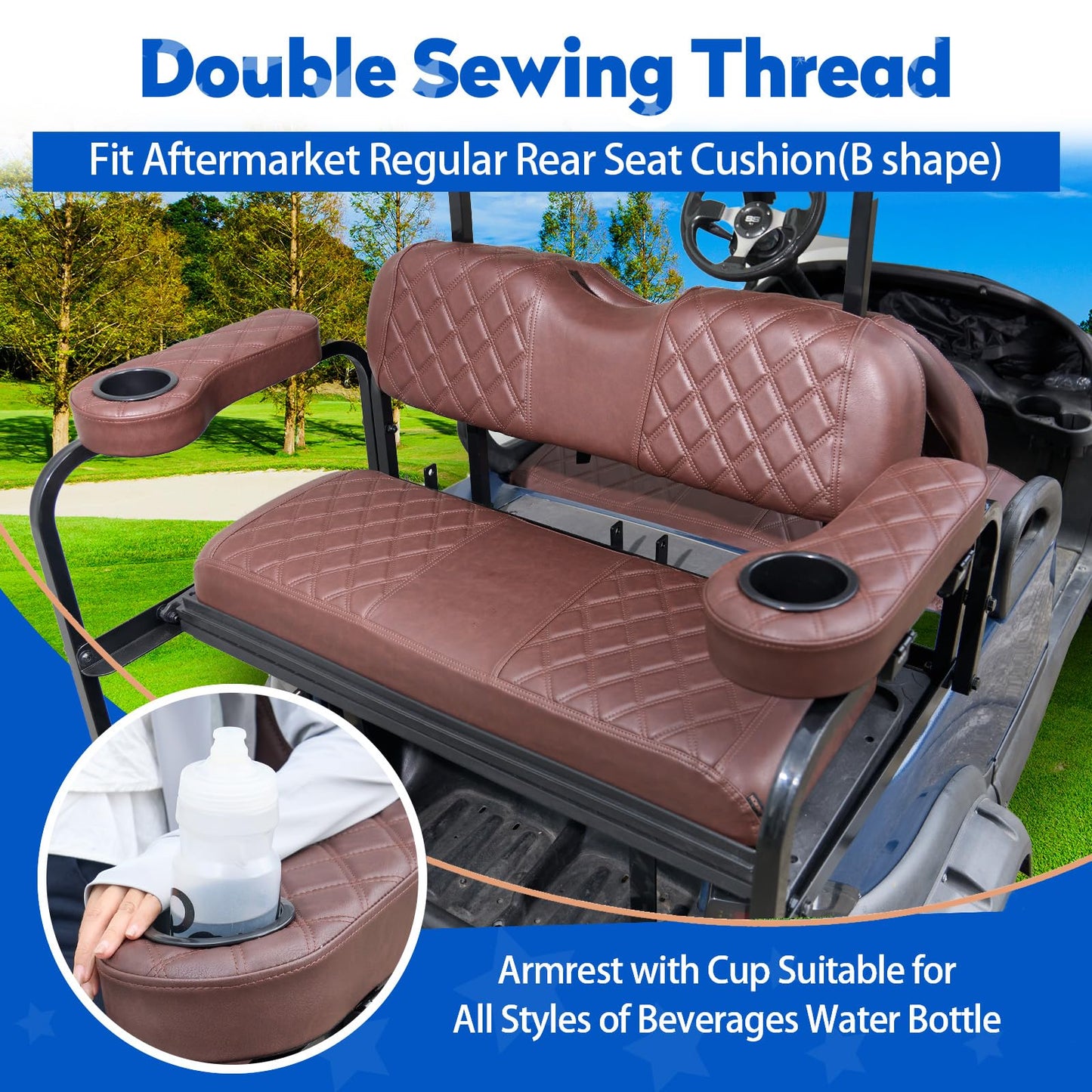 NOKINS Golf Cart Seat Covers for Club Car Precedent, Vinyl Front&Rear Seat Cover with Flip-Up Armrests kit, with Cup Holder, for 1" Square Tube(Brown&Brown 8438)