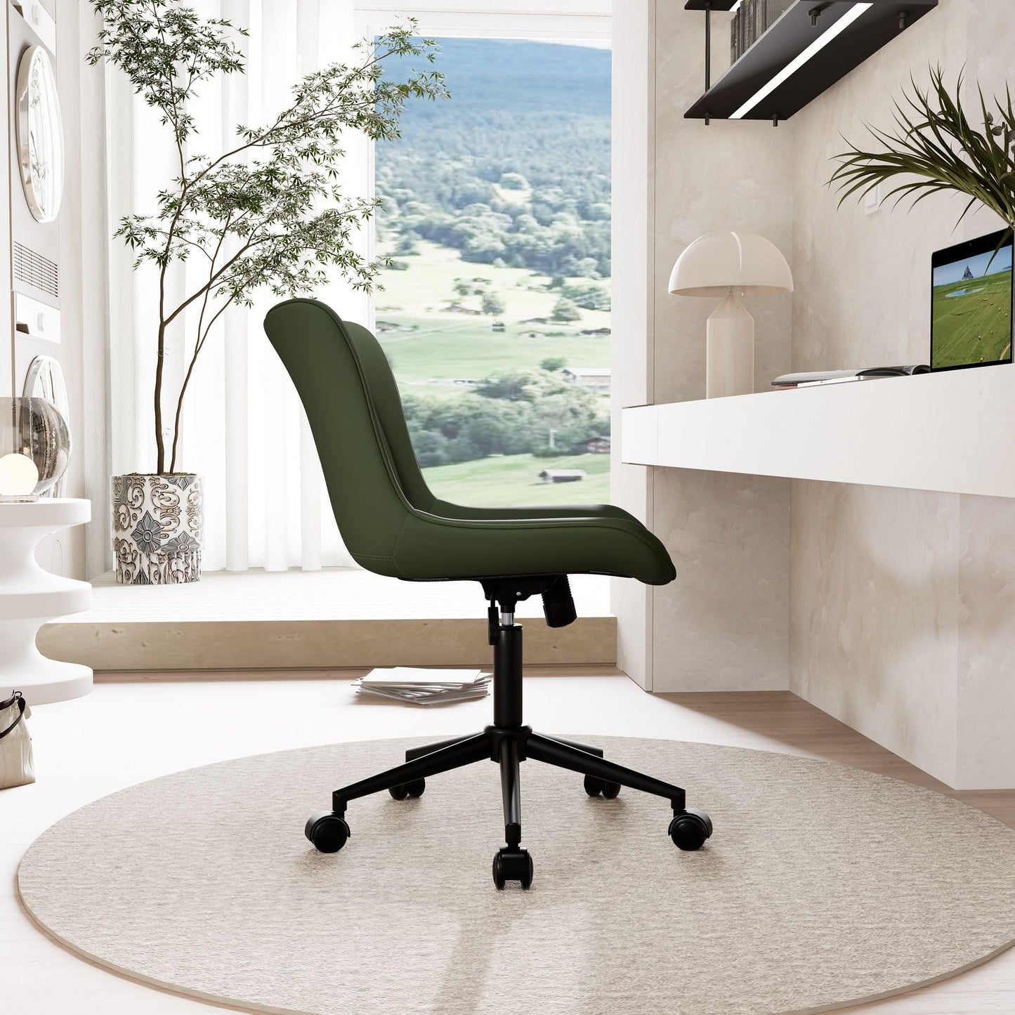 YOUNIKE Office Chair, Armless Desk Chair Computer Chair with Wheels, Modern Upholstered PU Leather Task Chair, Rolling Adjustable Swivel Home Office Desk Chair, Dark Green