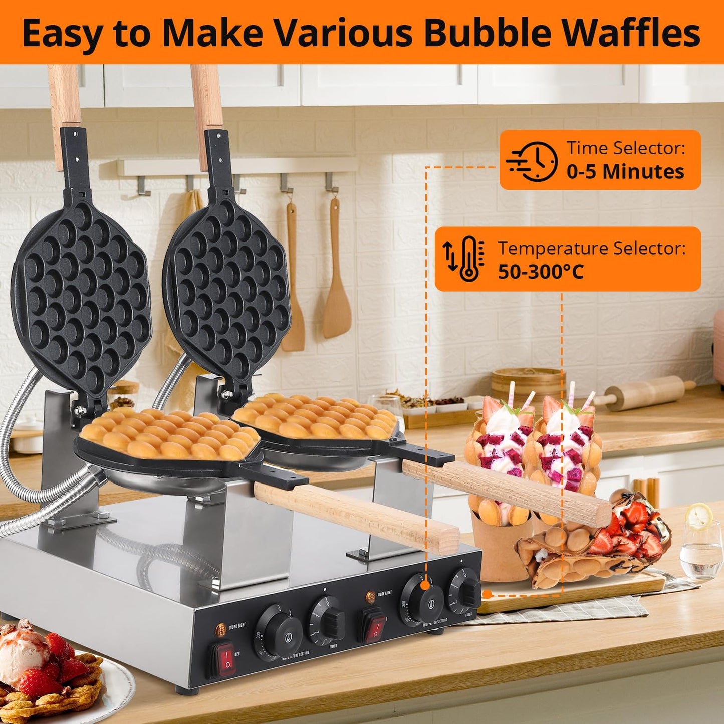 2800W Double Waffle Maker, Commercial Bubble Waffle Maker Machine, Non-Stick Egg Waffle Maker, Adjustable Temp & Timer, Fast Heating, Perfect for Snack Bars & Homes
