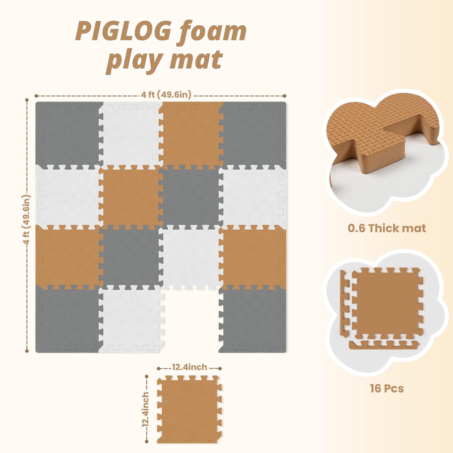 16 Tiles Baby Play Mat for Floor, EVA Foam Baby Floor Play Mat with 0.6 Inch Thick Interlocking Foam Tiles, Foam Floor Tiles for Baby, Toddlers and Kids (White-Brown-Grey, 16PCS)