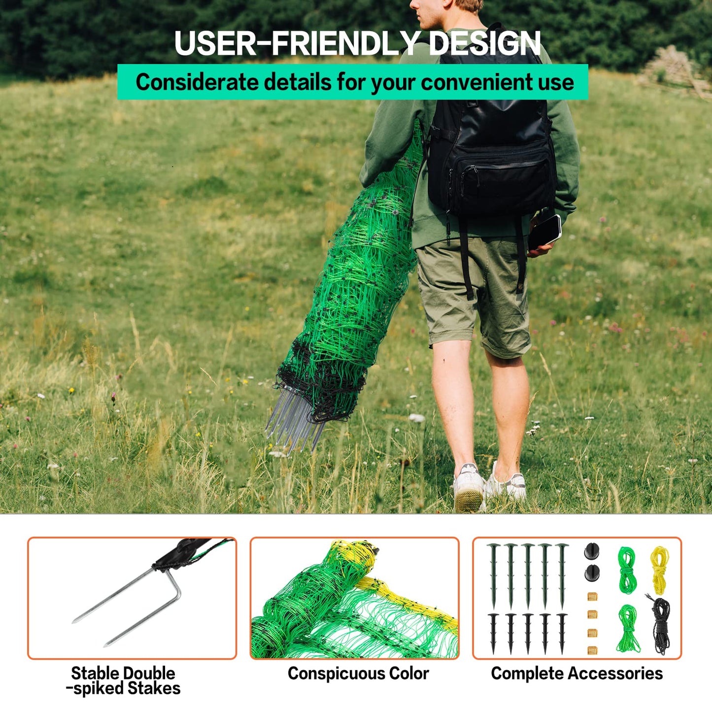 Electric Fence Netting, 49.6" H x 164' L, PE Net Fencing Kit with 14 Posts Double Spiked, Utility Portable Mesh for Sheep Goats Deer Hogs Dogs Lambs Used in Backyards Farms and Ranches, Green