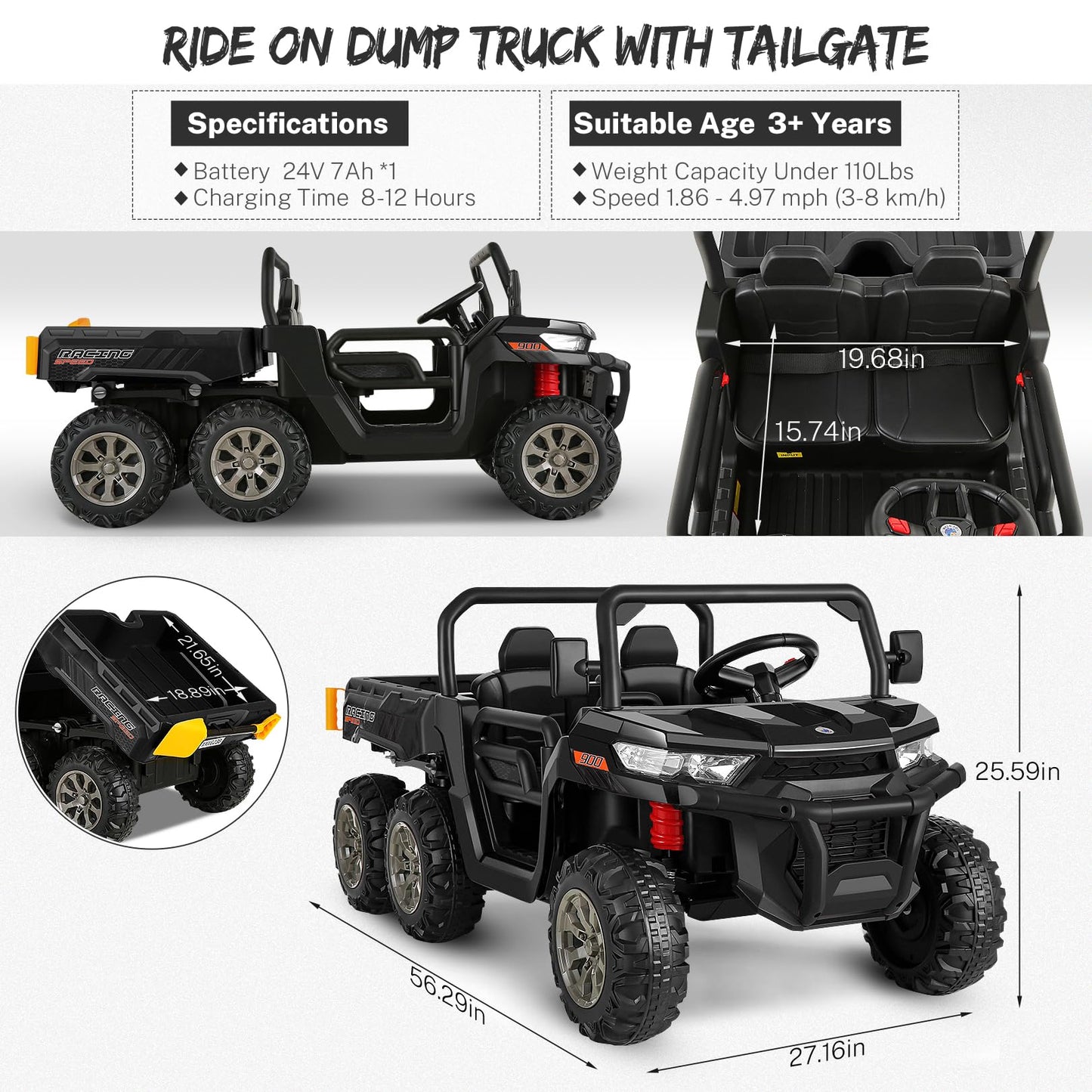 Hikole 2 Seater Ride on Car with Remote, 24V Kids Electric Cars w/Dump Bed, 6 Suspension, 4WD, 3 Speeds, Music, Storage Trunk-6x6 Ride On UTV Truck for Big Kids Boys Girls Age 3-8, Black