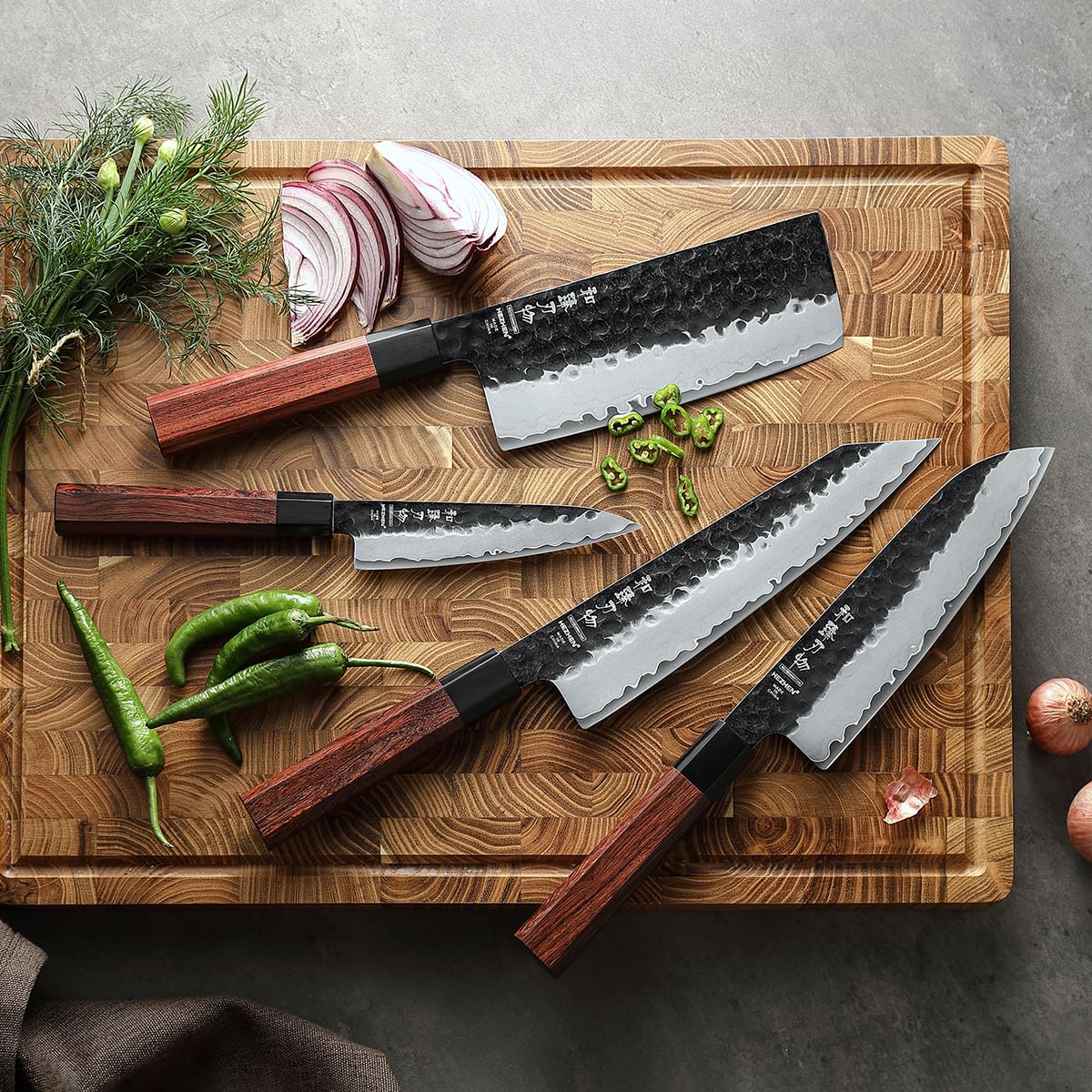 HEZHEN Kitchen Knife Set 4PCS, Clad Steel Chef Knife Nakiri Forged Steel Santoku, Wooden Octagonal Handle
