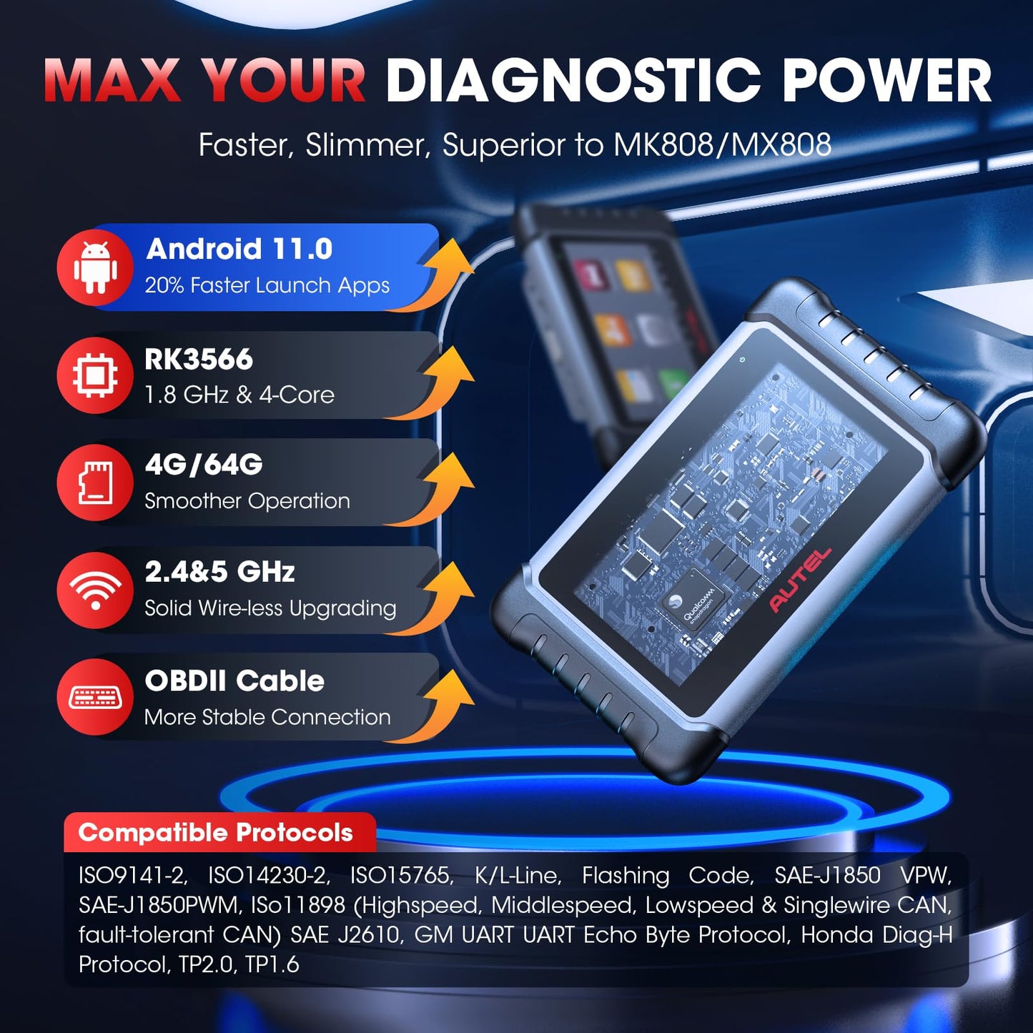 Autel Scanner MaxiCOM MK808S: 2026 Bidirectional Tool as MK808BT Pro MX808S M808Z, Work as MaxiCheck MX900 MK900BT, 28+ Service, Active Test, All System Diagnose, Injector C0ding, FCA Autoauth OS 11