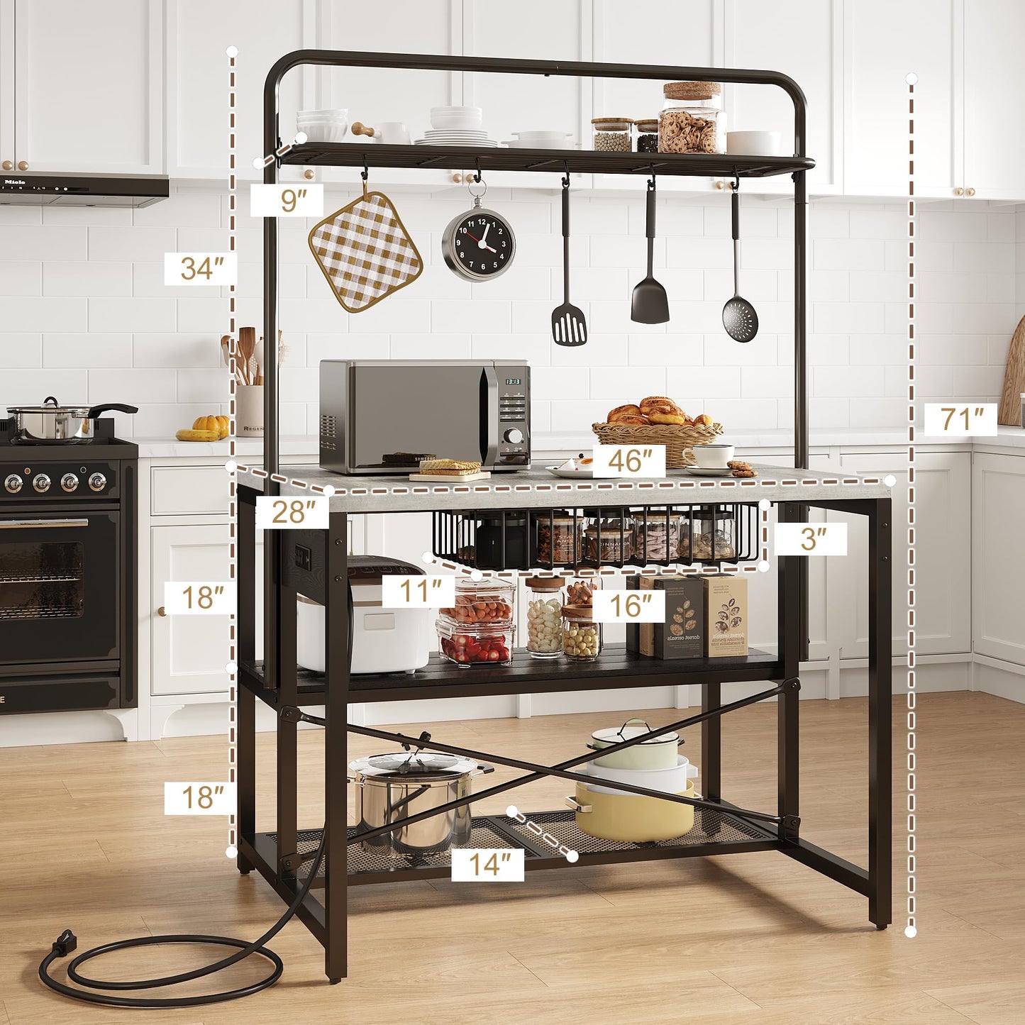46" Large Kitchen Island Table Baker Rack with Power Outlet and 3-Tier Storage-Microwave Stand Oven Shelf, Metal Coffee Bar Table,Kitchen Storage Shelf for Dining Living Room, 5 Hooks,Grey
