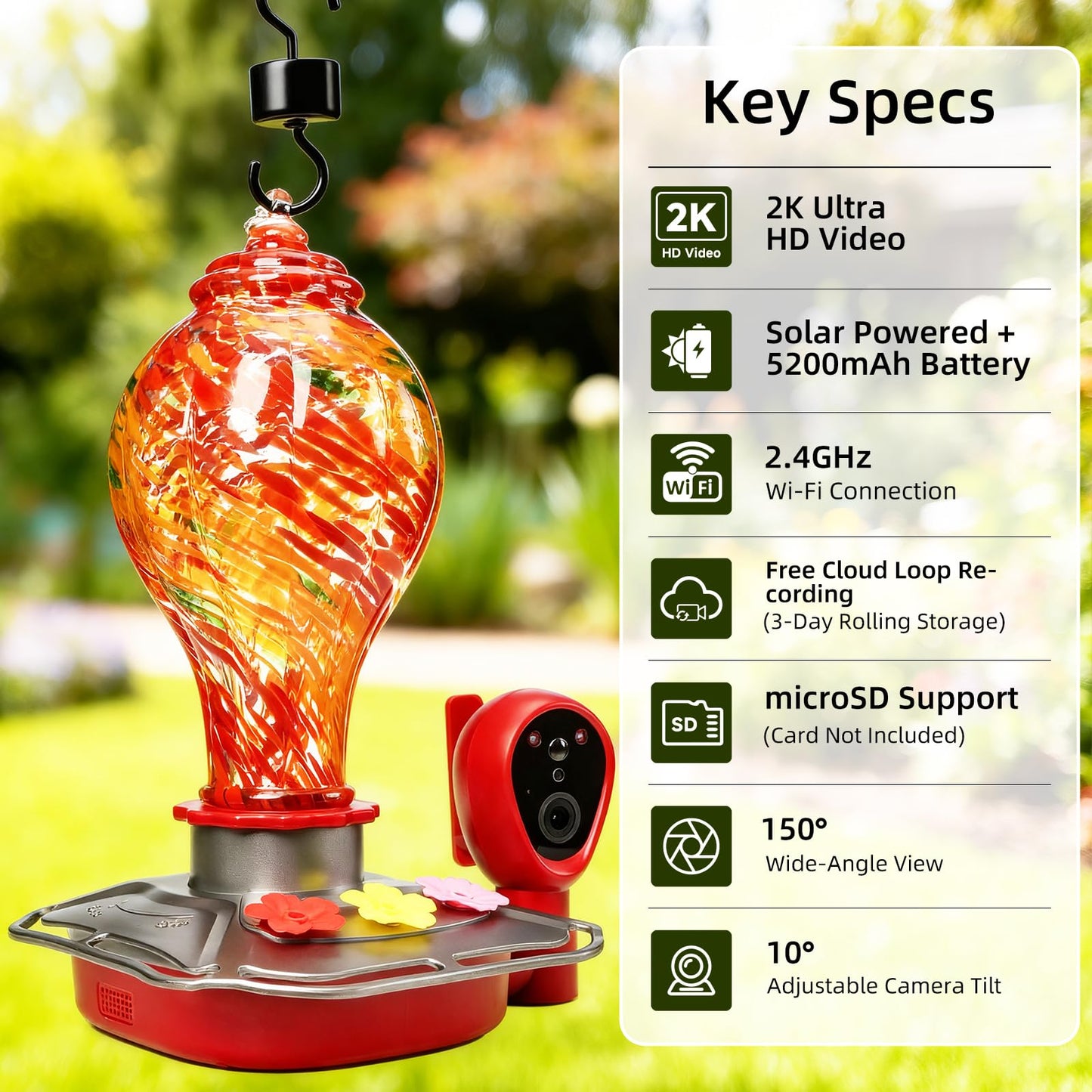 Smart Hummingbird Feeder with Camera, Solar Powered 2K HD Live View Glass Station, AI Bird ID & Motion Alerts, Auto Nectar Monitor, Leakproof Water Moat, Outdoors Hanging Gift (2.4GHz Wi-Fi Only)