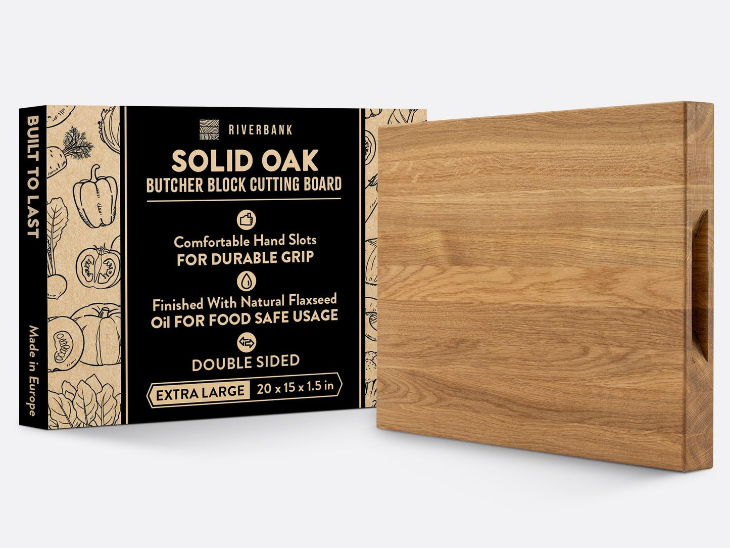Riverbank Solid Wood Oak Butcher Block Cutting Board in Extra Large XL Size 20"x15"x1.5", Reversible Wooden Chopping Board with Handles, Gift Box Included