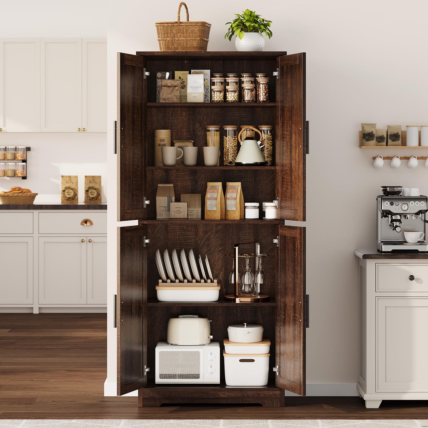 GarveeLife 70" Tall Kitchen Pantry,Farmhouse Storage Cabinet with Adjustable Shelves,Farmhouse Pantry Cabinet with 4 Barn Doors, for Kitchen,Dining Room,Living Room.(Rustic Brown)
