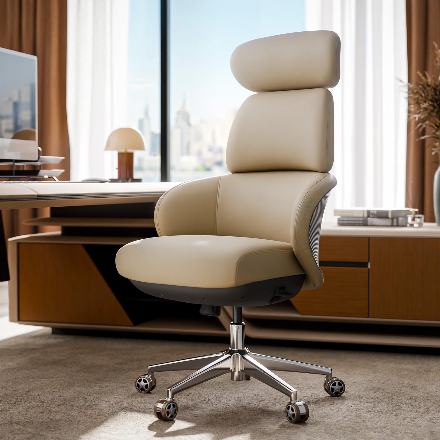 EUREKA ERGONOMIC Royal Rowan Leather Desk Chair, Microfiber PU Leather Office Chair with Wheels and Headrest, High Back Office Chair, Executive Office Chair Comfy for Home & Office, Off-White