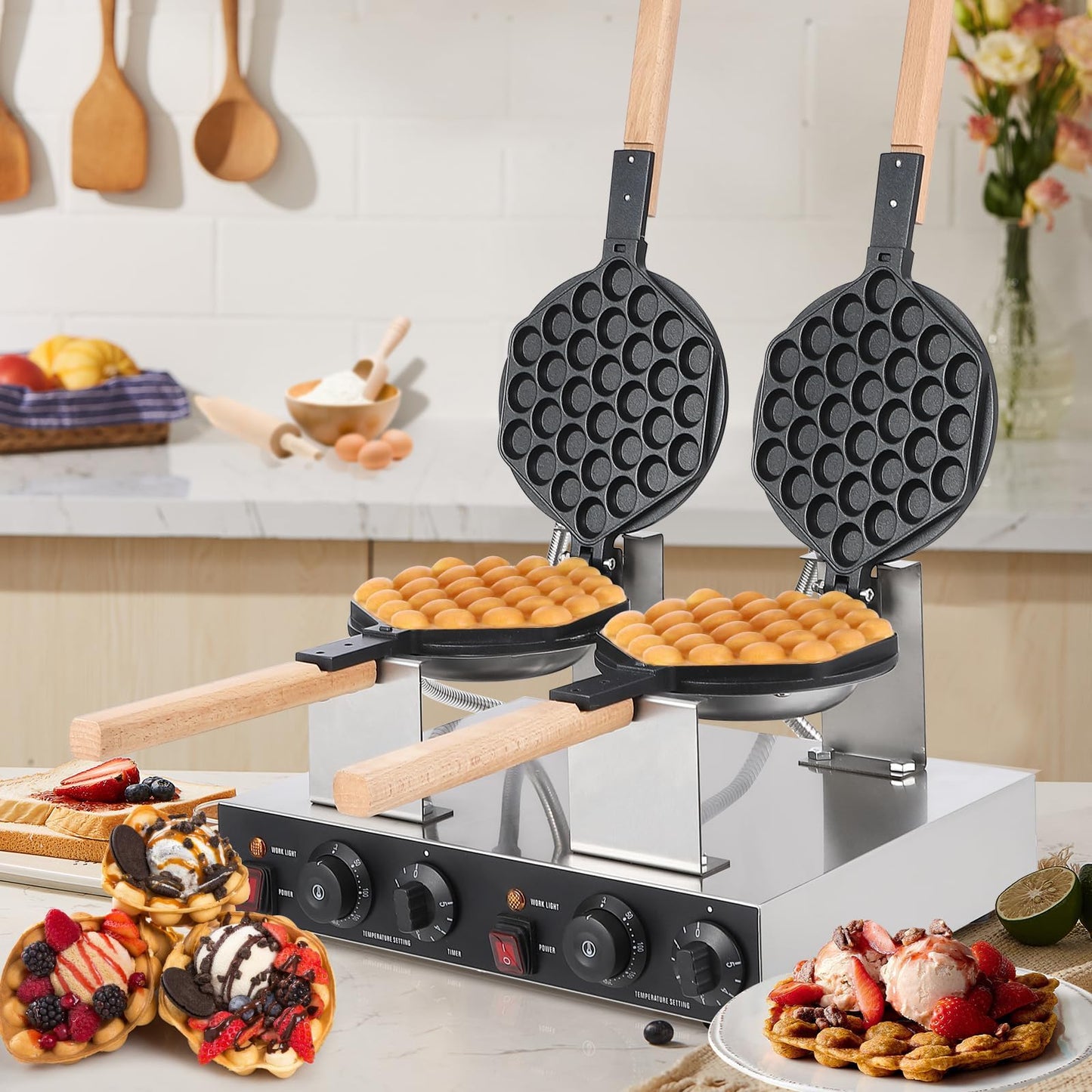 2800W Double Waffle Maker, Commercial Bubble Waffle Maker Machine, Non-Stick Egg Waffle Maker, Adjustable Temp & Timer, Fast Heating, Perfect for Snack Bars & Homes