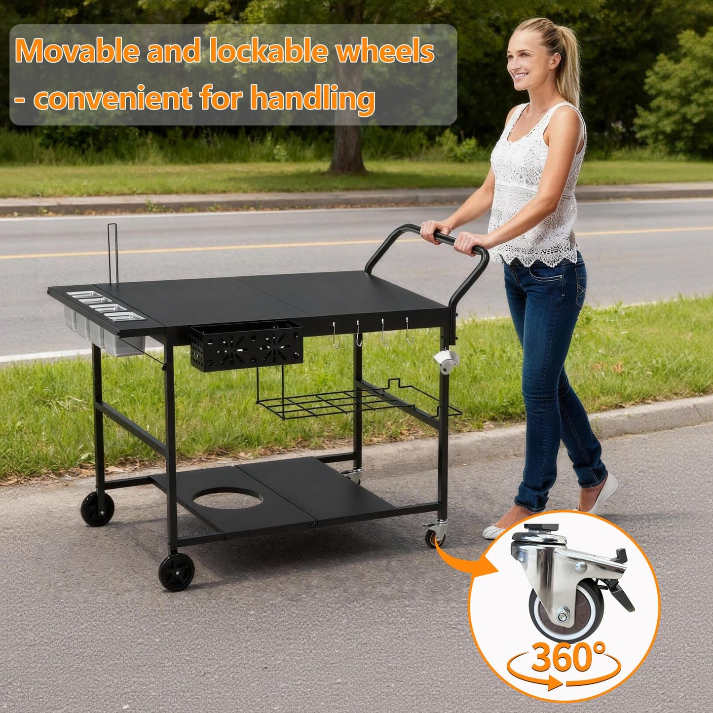 Lezbanz Pizza Oven Table with Topping Station, Outdoor Pizza Oven Cart, Grill Cart Table for Blackstone Griddle, Pizza Prep Station with Storage & Seasoning Tray, for Ninja, Cuisinart, Gozney
