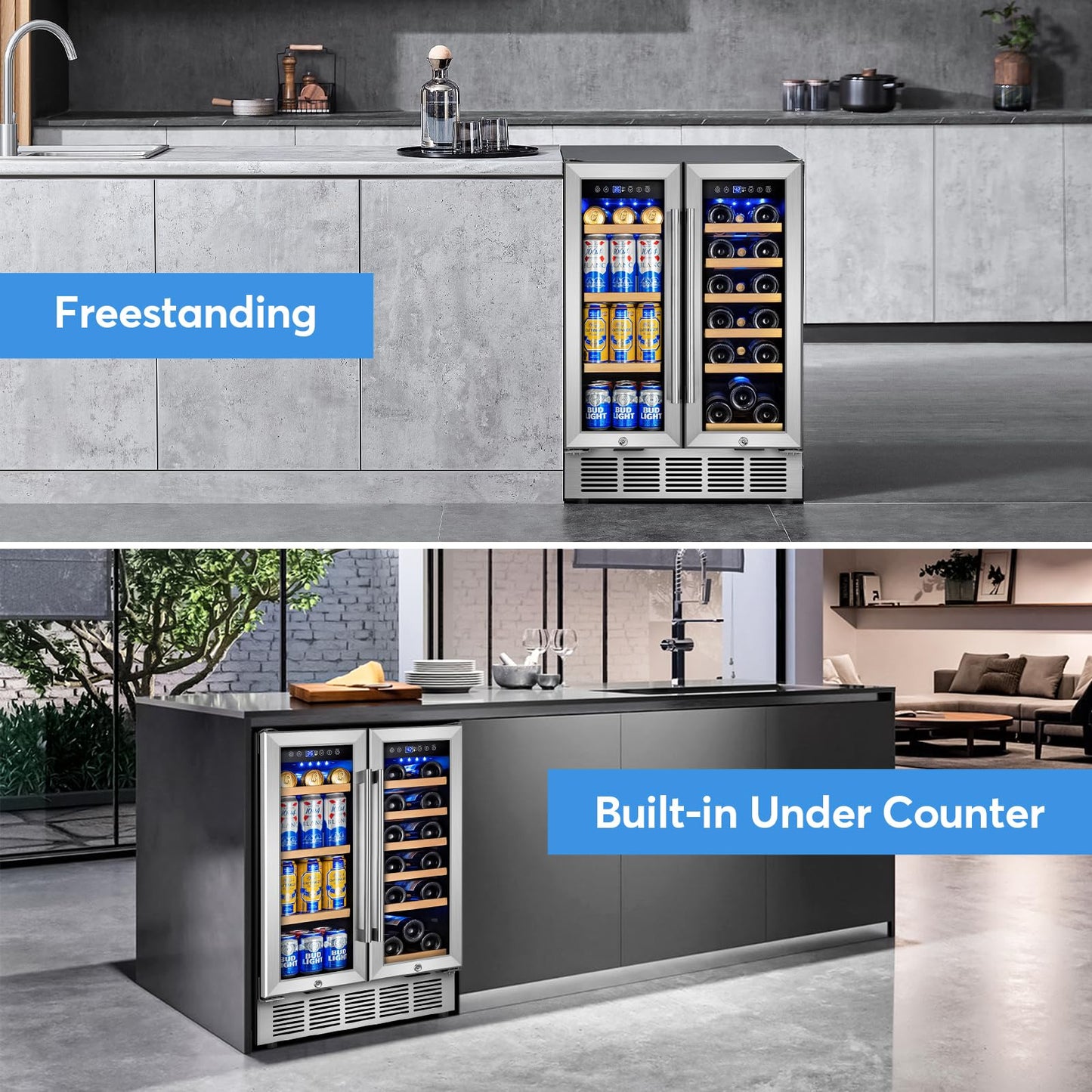 FoMup Wine and Beverage Refrigerator with Glass Door, 24-Inch Dual Zone Wine Fridge Under Counter - 18 Bottle and 88 Can Large Capacity Led Blue Light Smart Fast Cooling Wine Cooler