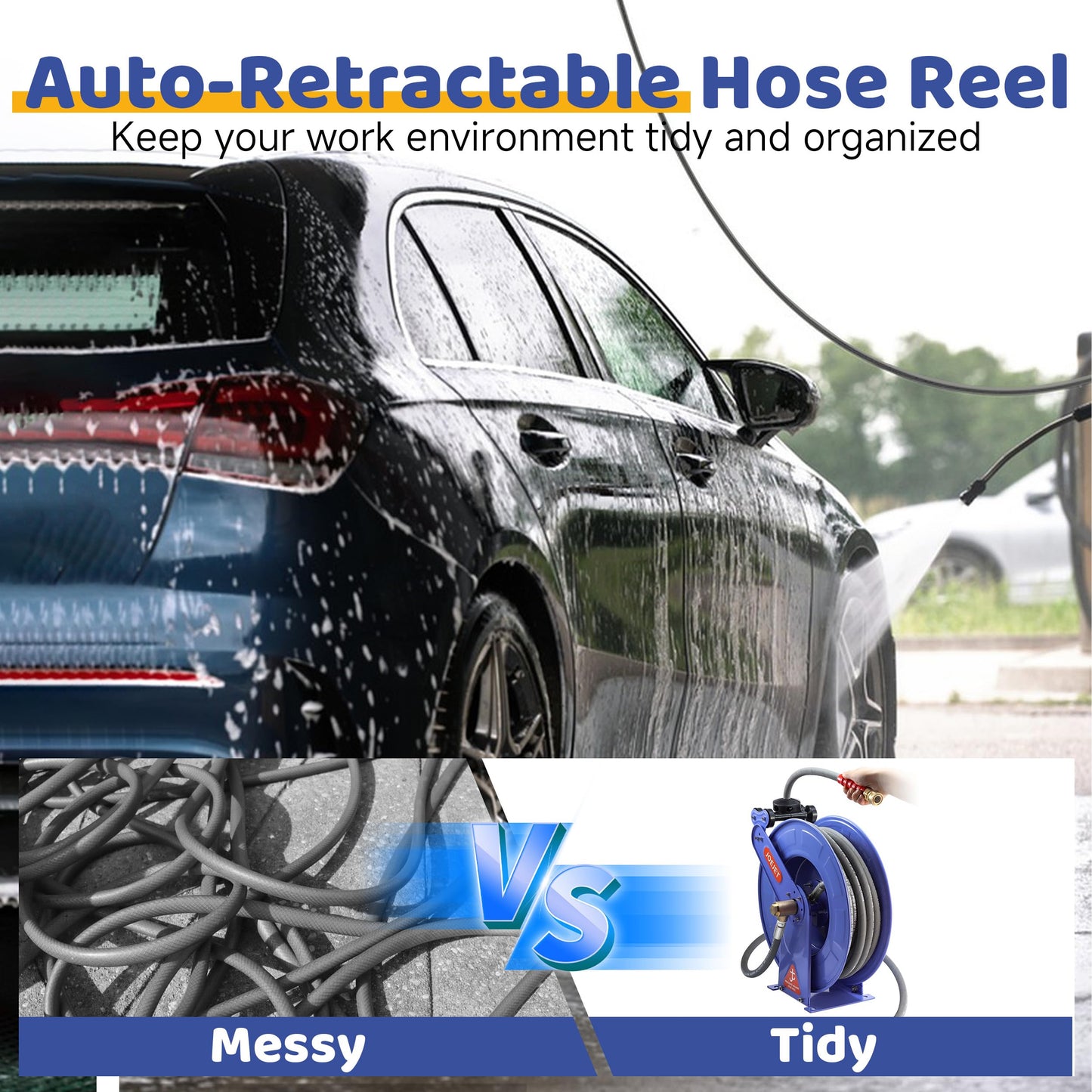 JOEJET Retractable Pressure Washer Hose Reel, 3/8" x 50 FT Power Washer Hose Reel with Hose, Wall/Floor Mounted, 4000 PSI, Blue