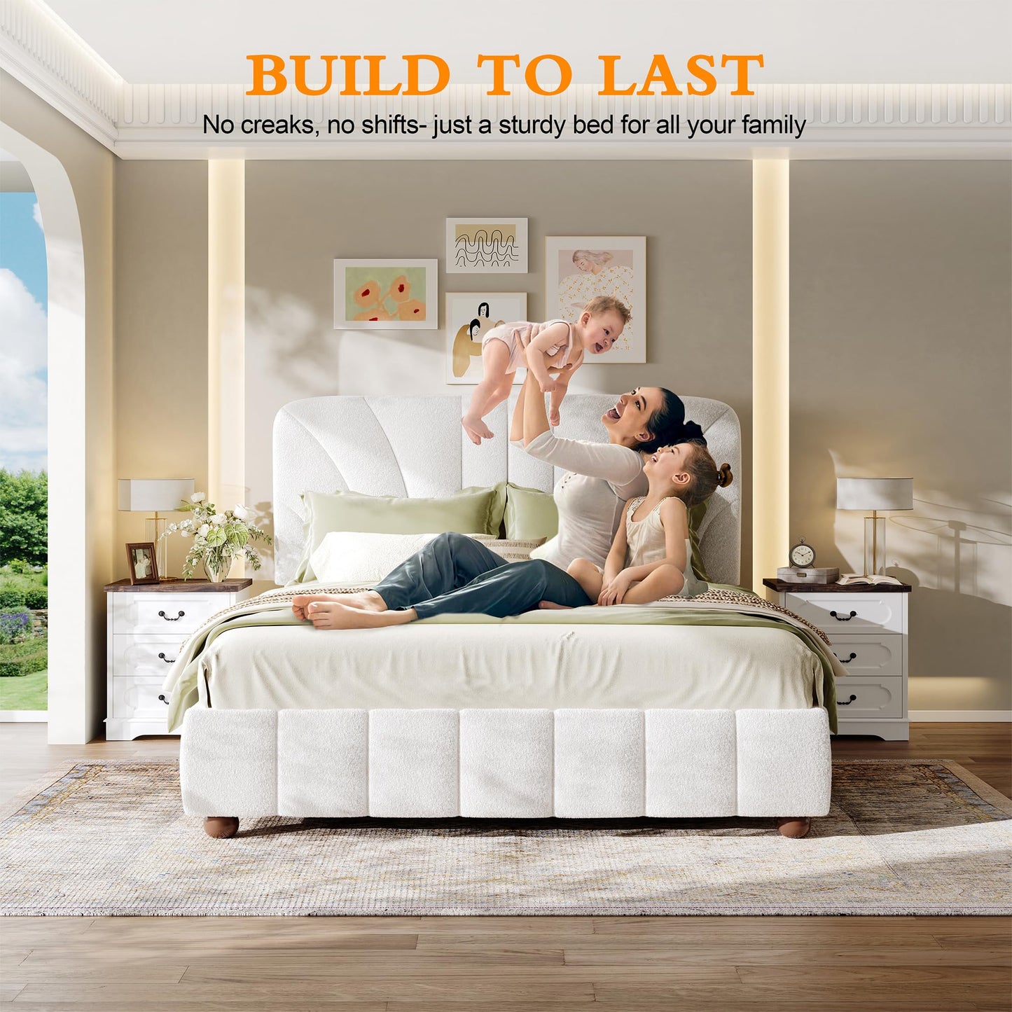 Queen Size Boucle Bed Frame Upholstered Bed Frame Queen with Adjustable Headboard, Solid Wood Slats Support, Bed for Bedroom Apartment, Dorm, No Box Spring Needed, Easy Assembly, Noise-Free, Cream