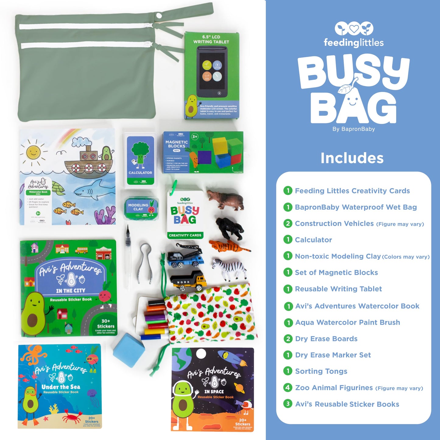 BapronBaby Feeding Littles Busy Bag (Sage) - Toddler Travel Activity Kit with Bonus Stickerbooks, Restaurant Activity Kit for Independent and Family-Wide Play, Age 3+