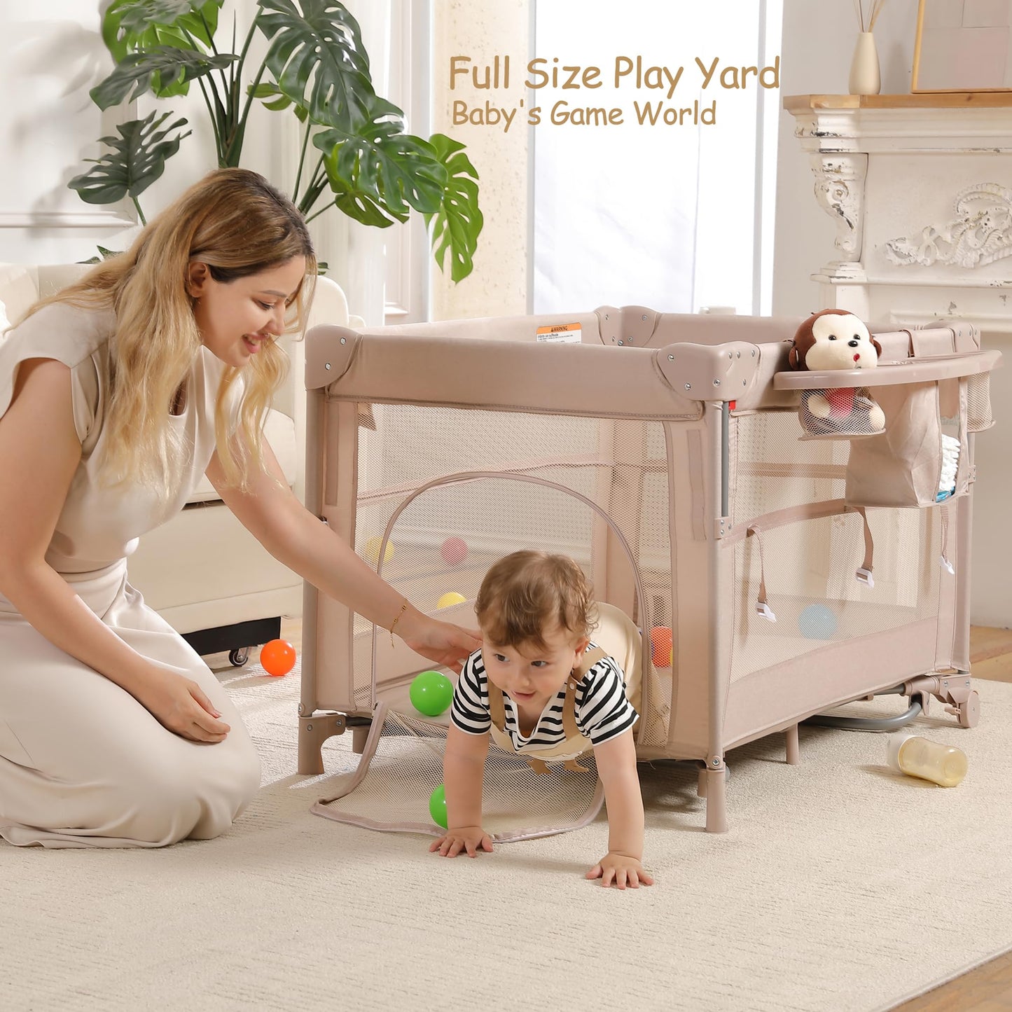 4 in 1 Pack and Play, Portable Travel Baby Bassinet, Foldable Travel Playard Playpen for Toddler, Bedside Crib Sleeper, Diaper Changer Table, Baby Playard for Newborn (Champagne)