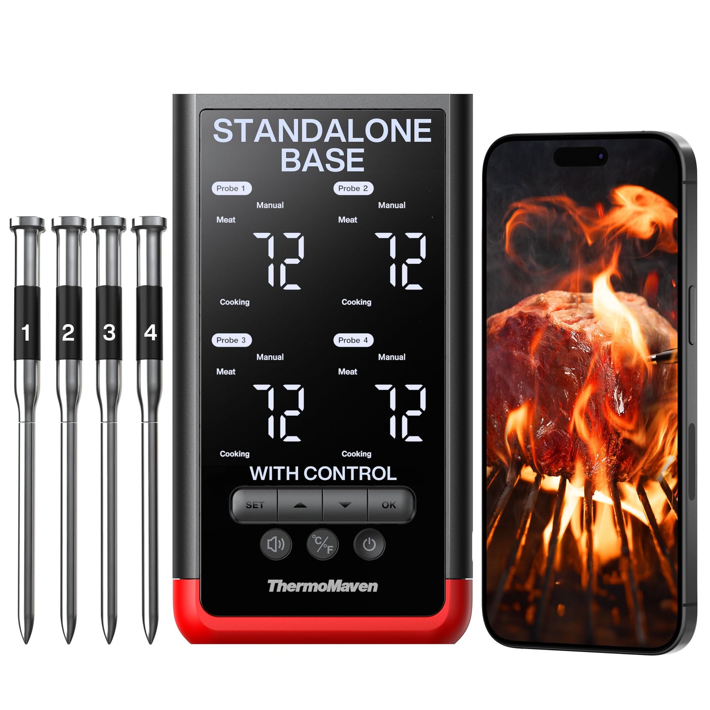 ThermoMaven Smart Bluetooth Wireless Meat Thermometer: Standalone Base, WiFi Unlimited Range, 6 Sensors with NIST Certified Accuracy, 4 Probes for Kitchen, BBQ, Grill, Oven, Smoker, Rotisserie