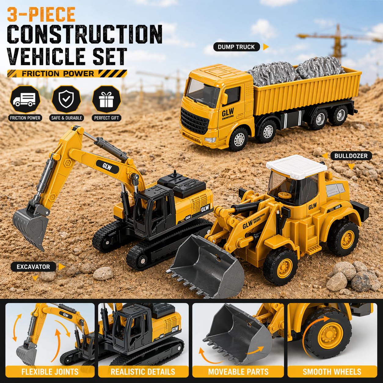 Unimoly Alloy Mini Construction Vehicles, 3Pcs Die-cast Metal Toy Set with Pull Back Action - Excavator, Dump Truck, Bulldozer for Toddlers & Kids 3 4 5 6 7 Years Old Boys Toys
