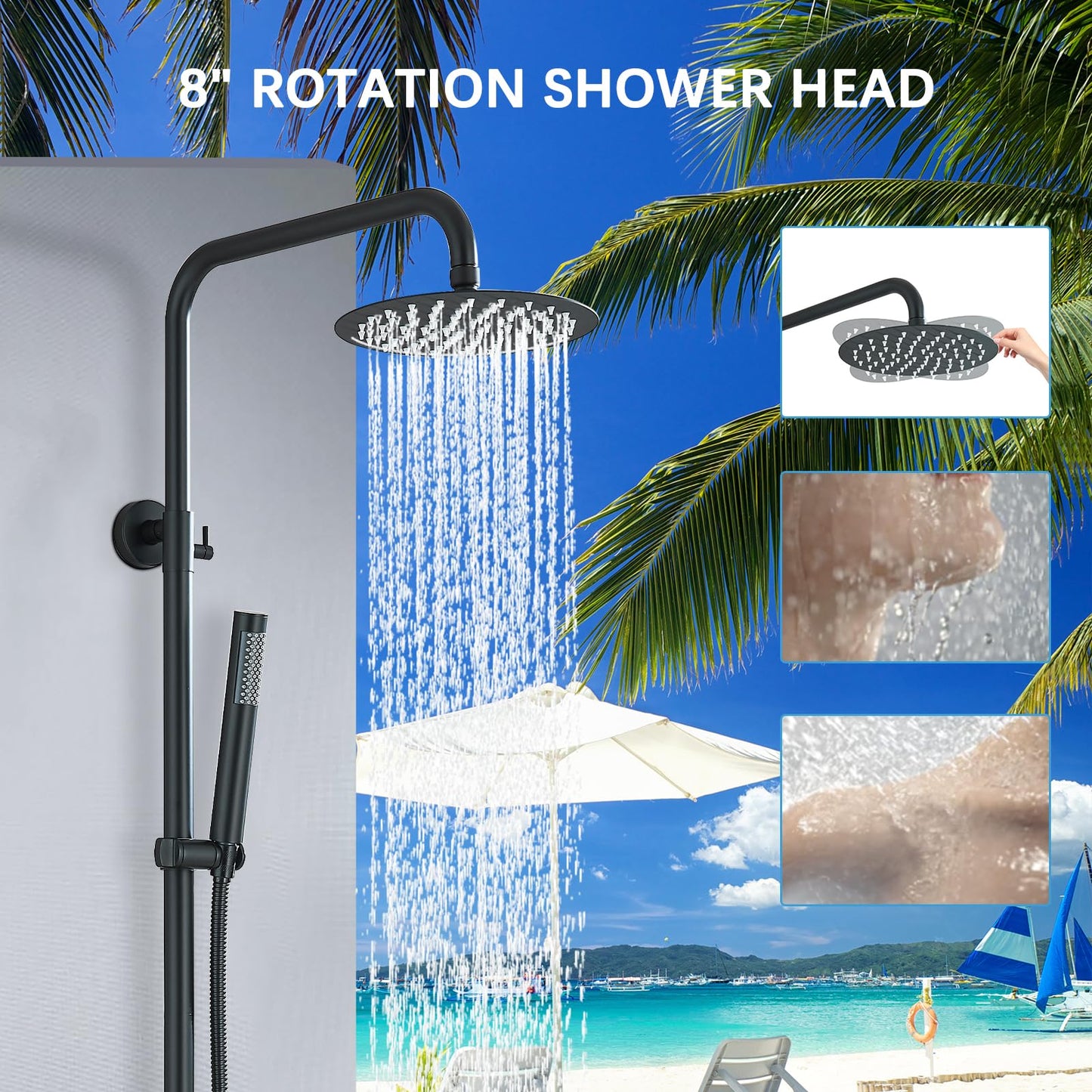 MOSSON Shower System Matte Black Outdoor Shower Fixtures with 8" Rain Shower Head Handheld Sprayer Single Handle 304 Stainless Steel Wall Mounted Shower Shower Faucet Combo for Bathroom or Backyard
