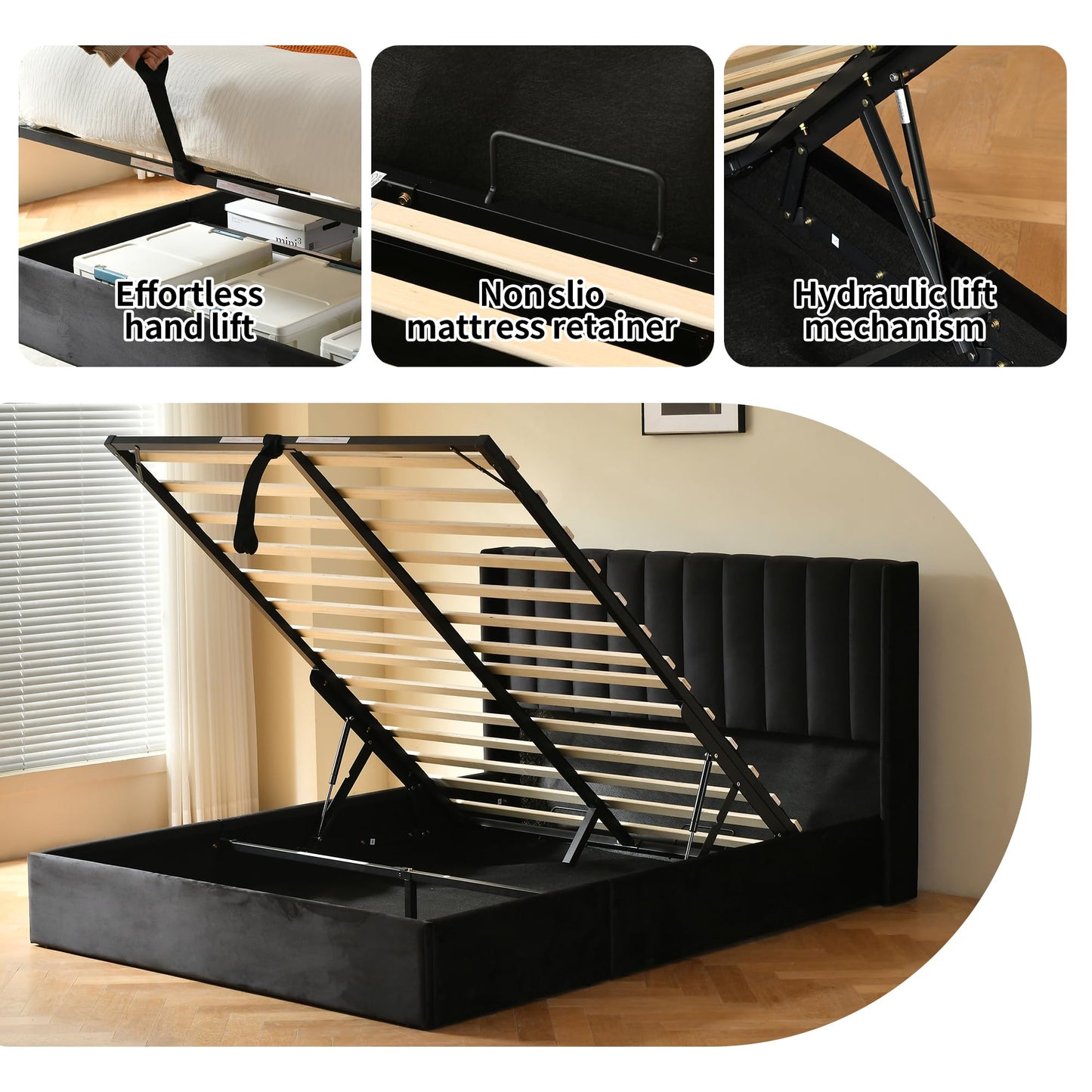YUHUASHI Queen Size Hydraulic Storage Bed, Upholstered Platform Bed Frame, Modern Wingback Design Headboard, Velvet Fabric with Hydraulic Support Bars, No Box Spring Required (Black, Queen)