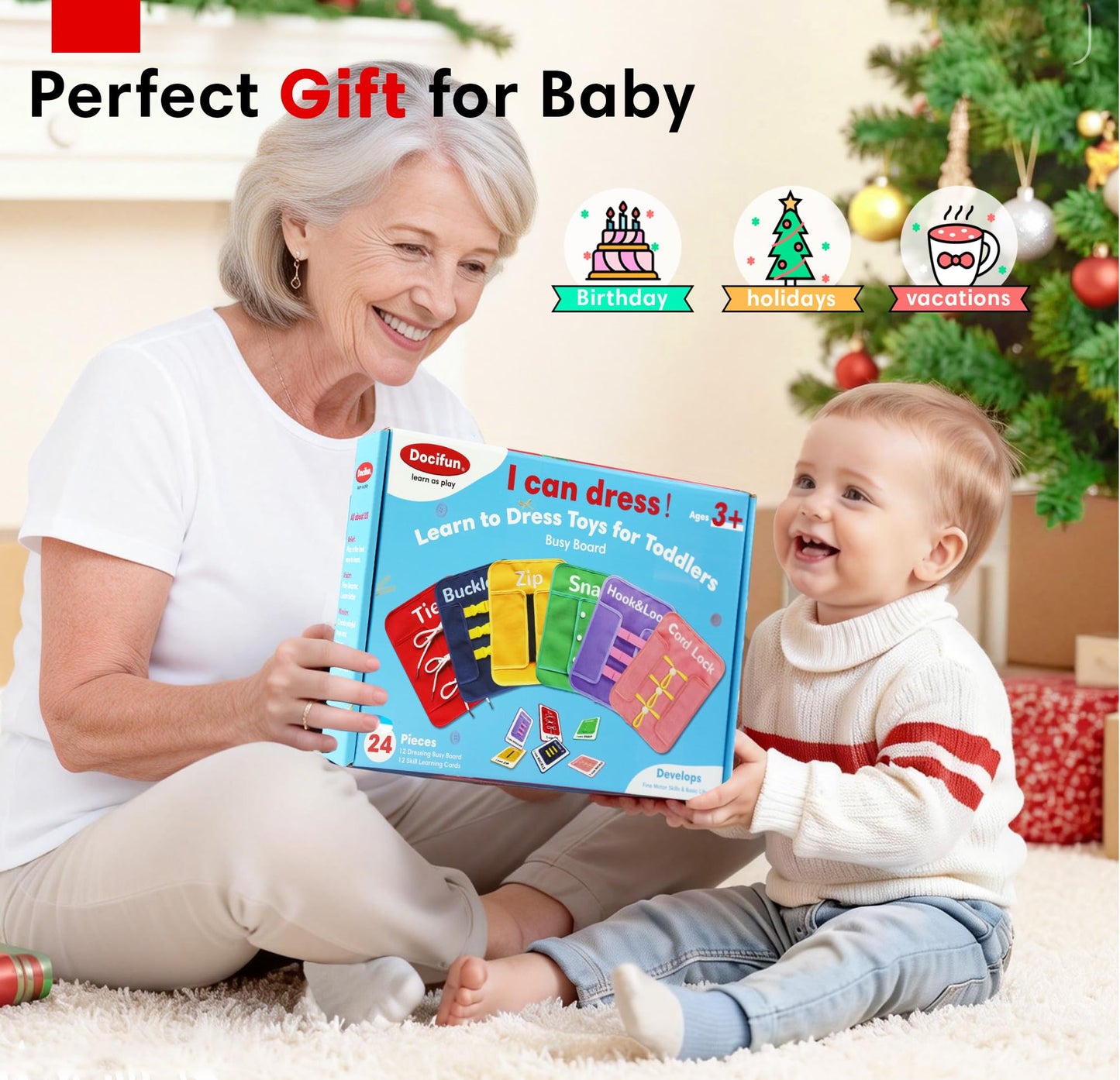 Docifun Toddlers Busy Board Montessori Toys for 3 Years Old Girls Boys Birthday Gifts, 12-in-1 Sensory Developmental Toys Educational Activities for Preschool Learning Fine Motor Skills