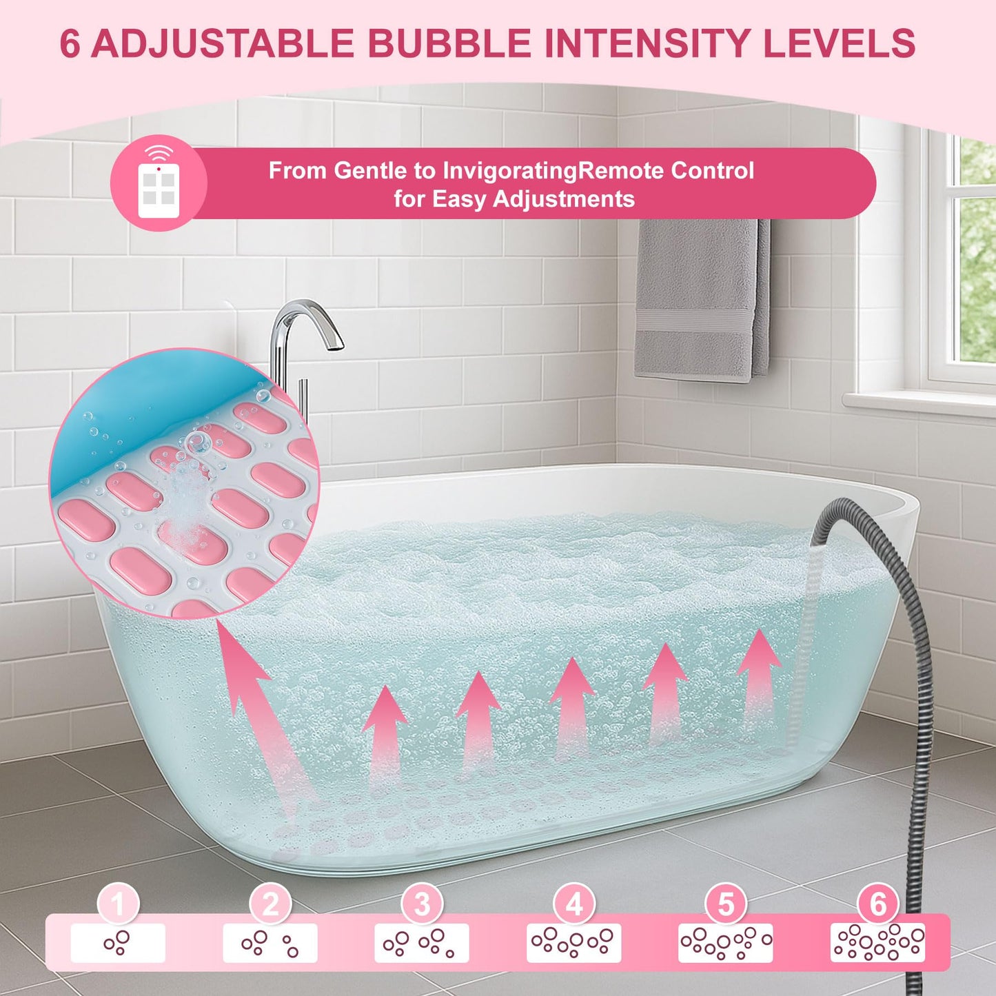 Portable Spa Bubble Bath Massager - Bubble Massage Bath Mat for Bathtub,74 Air Jets with Remote Control, 6 Speed Settings & Non-Slip Suction Cups, Includes Inflatable Pillow for Spa Relaxation (Pink)