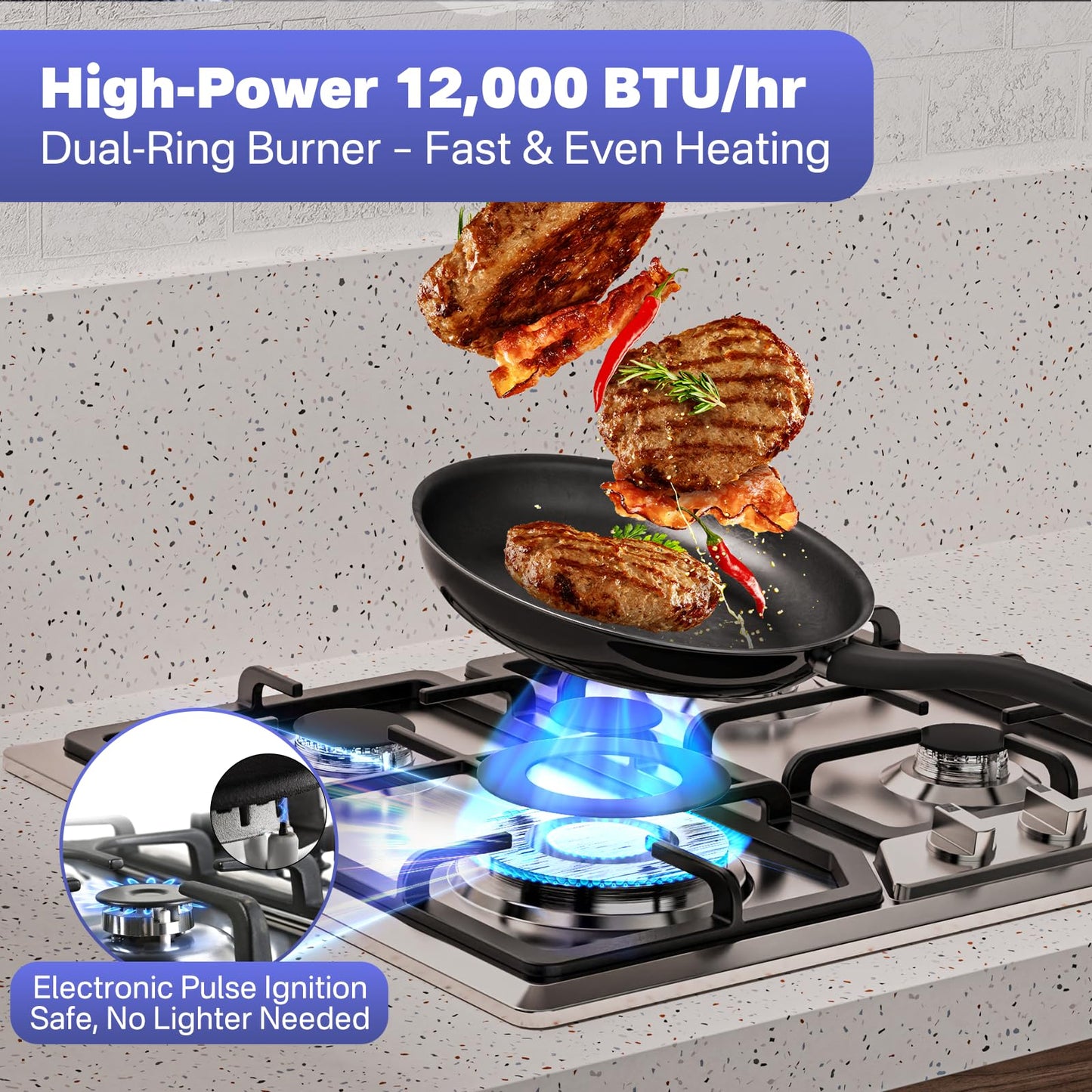 Nardea Gas Stove Top, 4 Burners LPG/NG Convertible Stainless Steel Gas Stove Top with Thermocouple Flameout Protection, Electric Ignition Built-in Countertop Hob for RV, Indoor & Outdoor Use