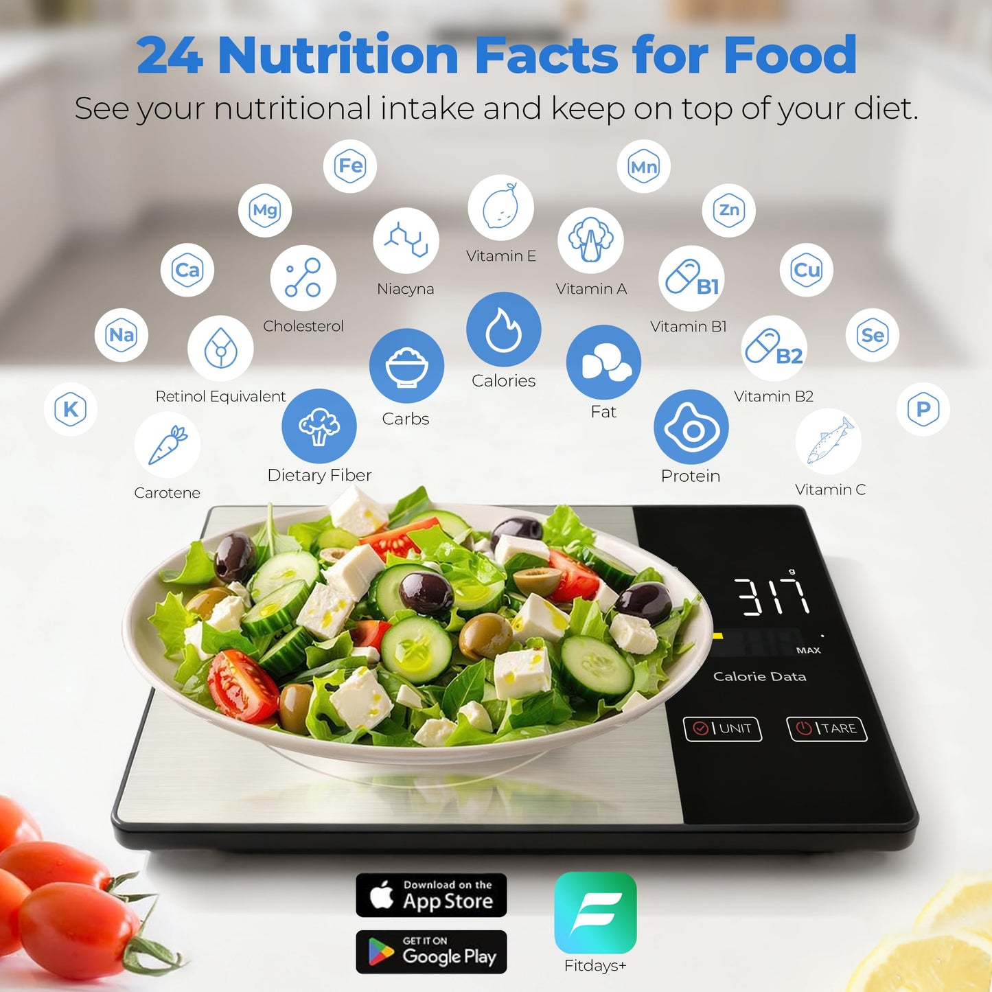 WARMKEY Smart Nutrition Food Scale - Digital Kitchen Scale with Nutritional Calculator App,Tare Function,Track Calories &19 Nutrients,11lb/5kg, Grams/Ounces,Stainless Steel for Weight Loss&Diet